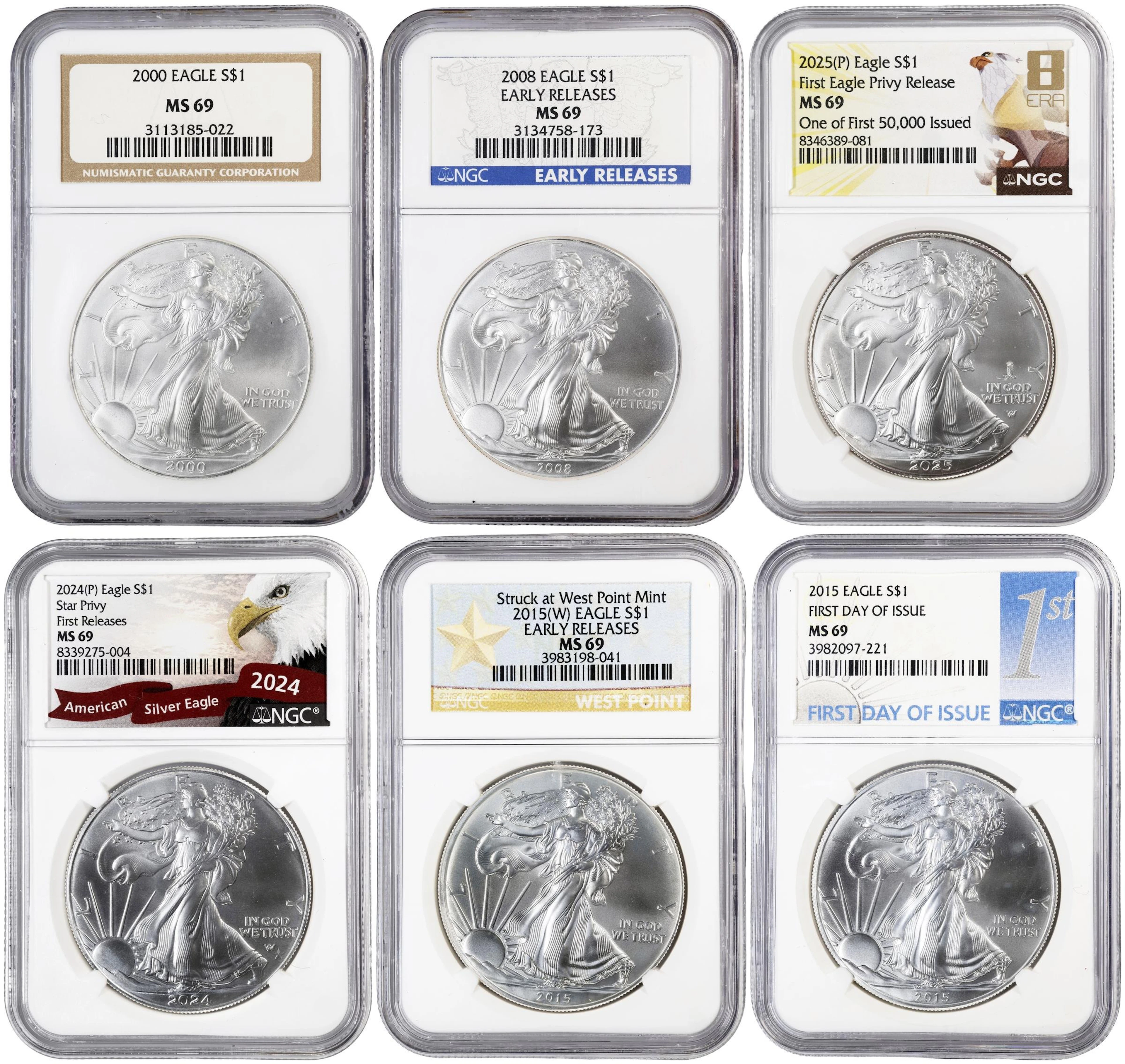 (6 oz, 186.624 g ASW). Lot of (6) Mixed Date American Silver Eagles.