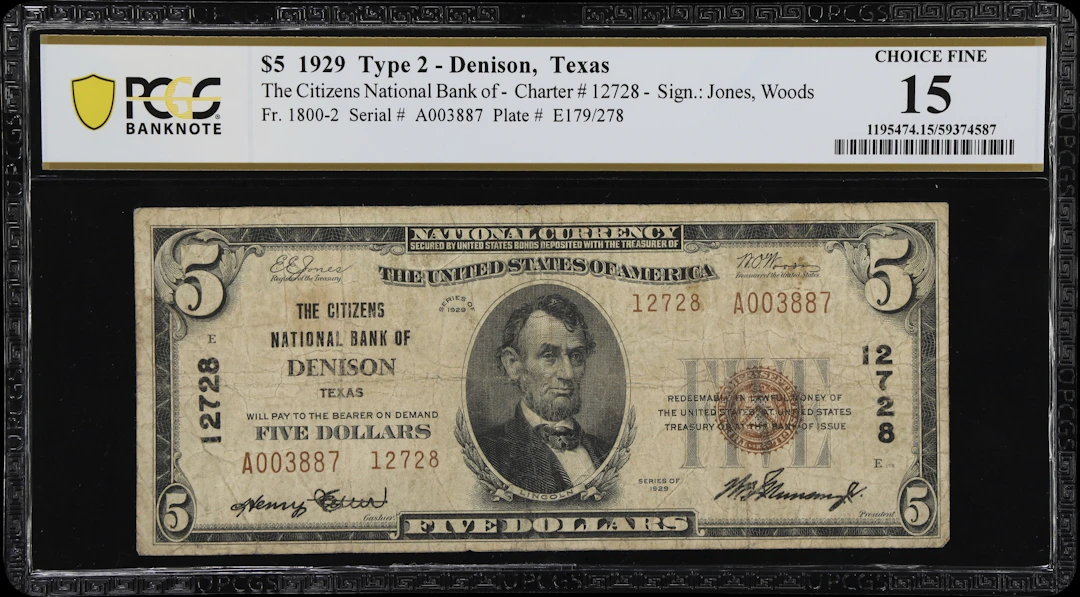 Denison, Texas. $5 1929 Ty. 2. Fr. 1800-2. Citizens NB. Charter #12728.