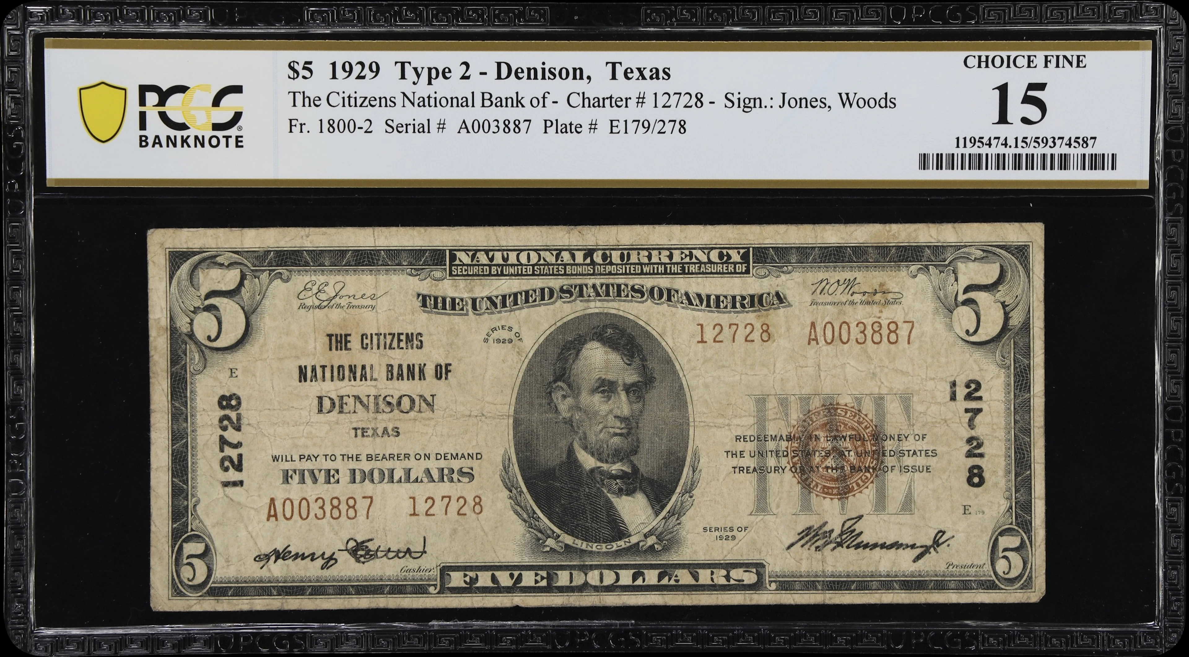 Denison, Texas. $5 1929 Ty. 2. Fr. 1800-2. Citizens NB. Charter #12728.