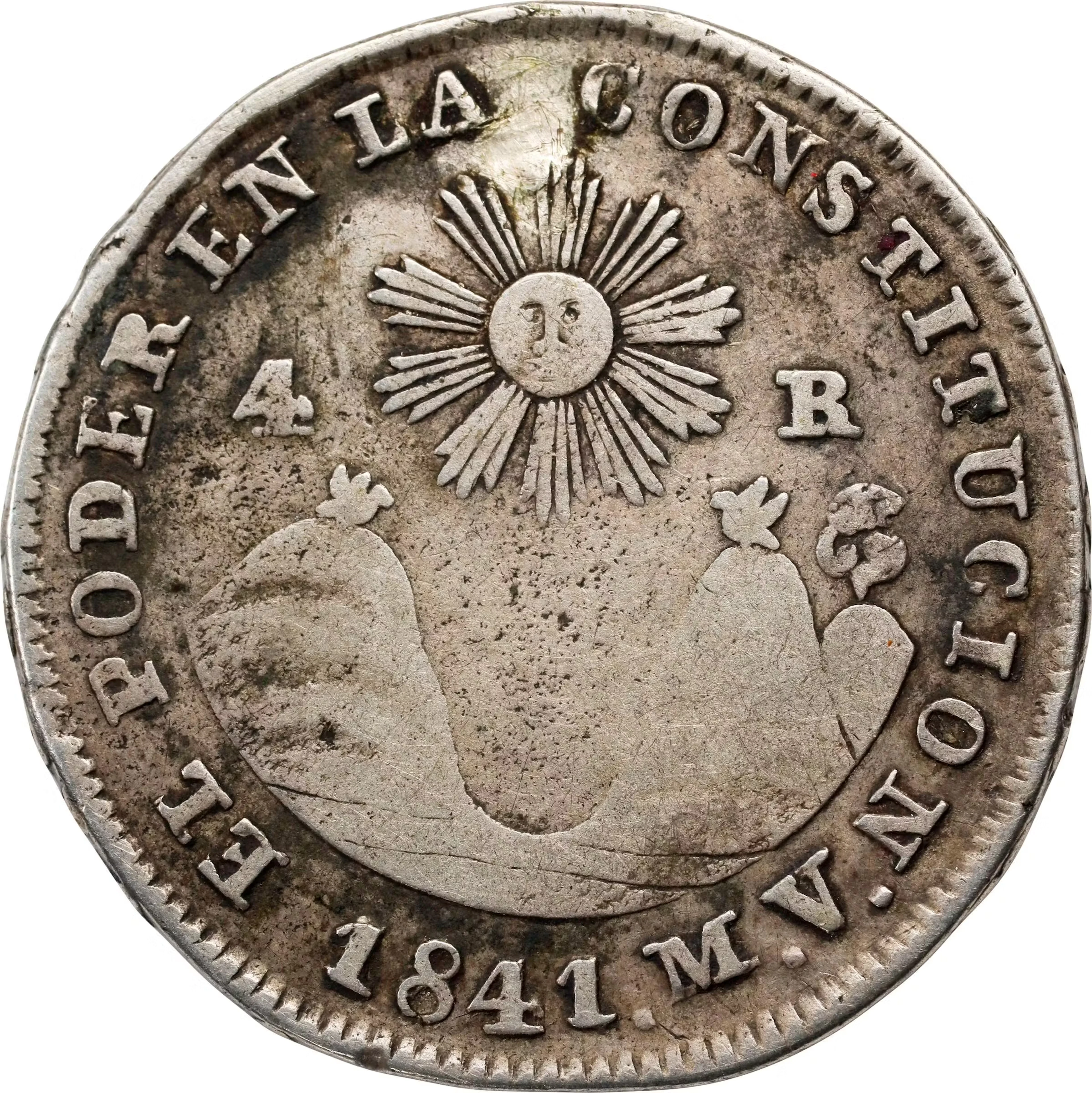 ECUADOR. 4 Reales, 1841-QUITO MV. Quito Mint. VERY FINE Details, Plugged.