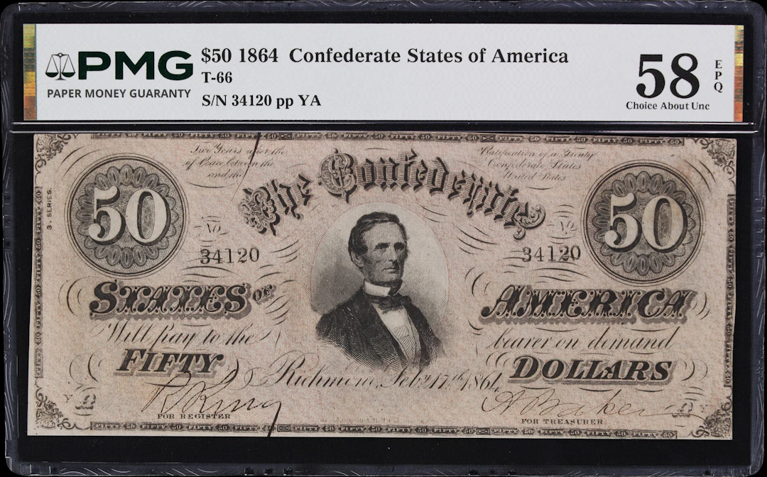 T-66. Confederate Currency. 1864 $50. PMG Choice About Uncirculated 58 EPQ.