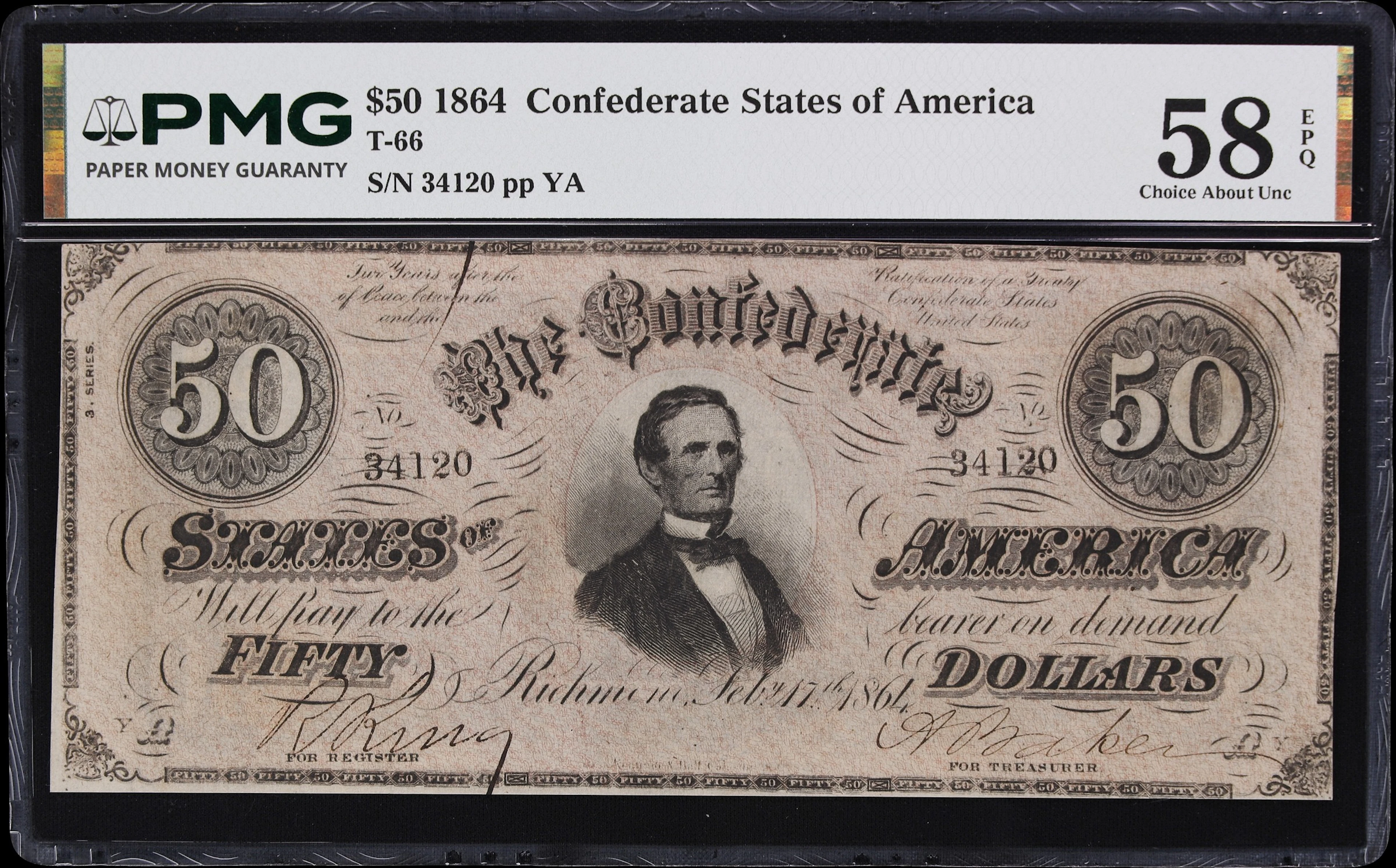 T-66. Confederate Currency. 1864 $50. PMG Choice About Uncirculated 58 EPQ.