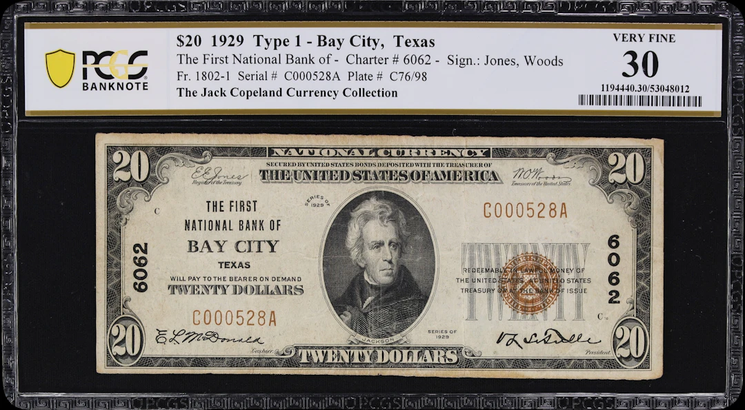 Bay City, Texas. $20 1929 Ty. 1. Fr. 1802-1. First NB. Charter #6062.