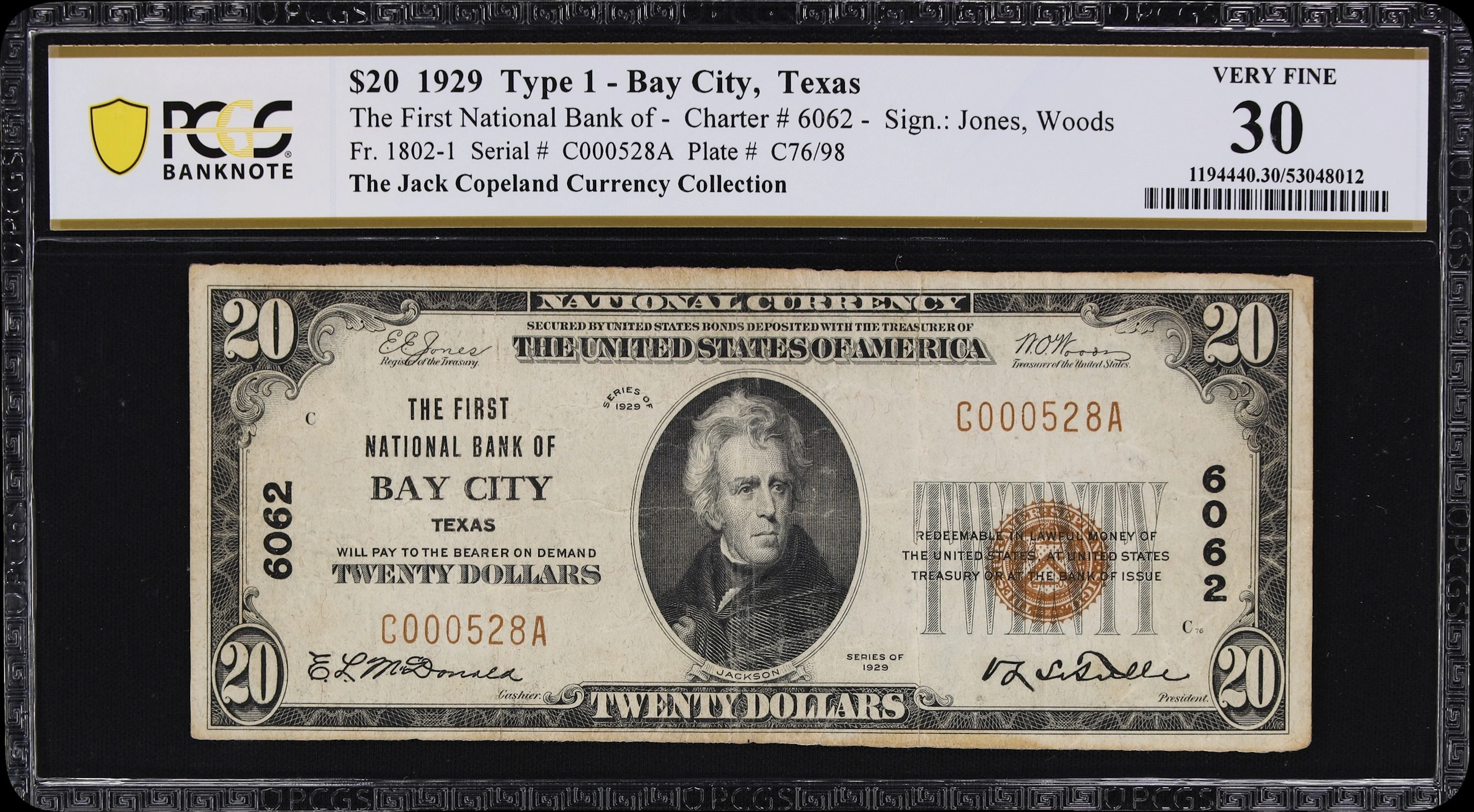 Bay City, Texas. $20 1929 Ty. 1. Fr. 1802-1. First NB. Charter #6062.