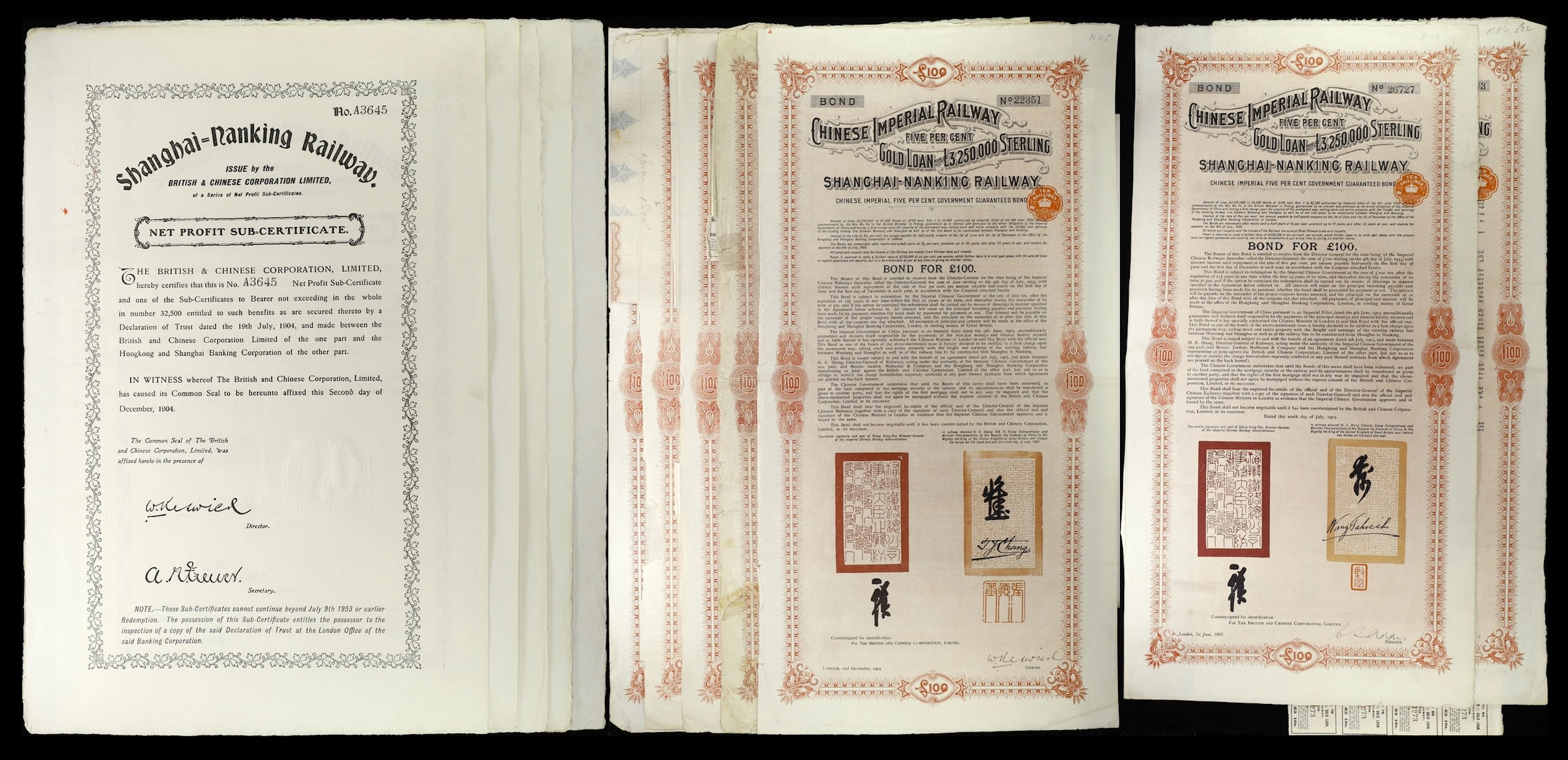 CHINA--EMPIRE. Lot of (12). 1904 and 1907 5% Chinese Imperial Government
