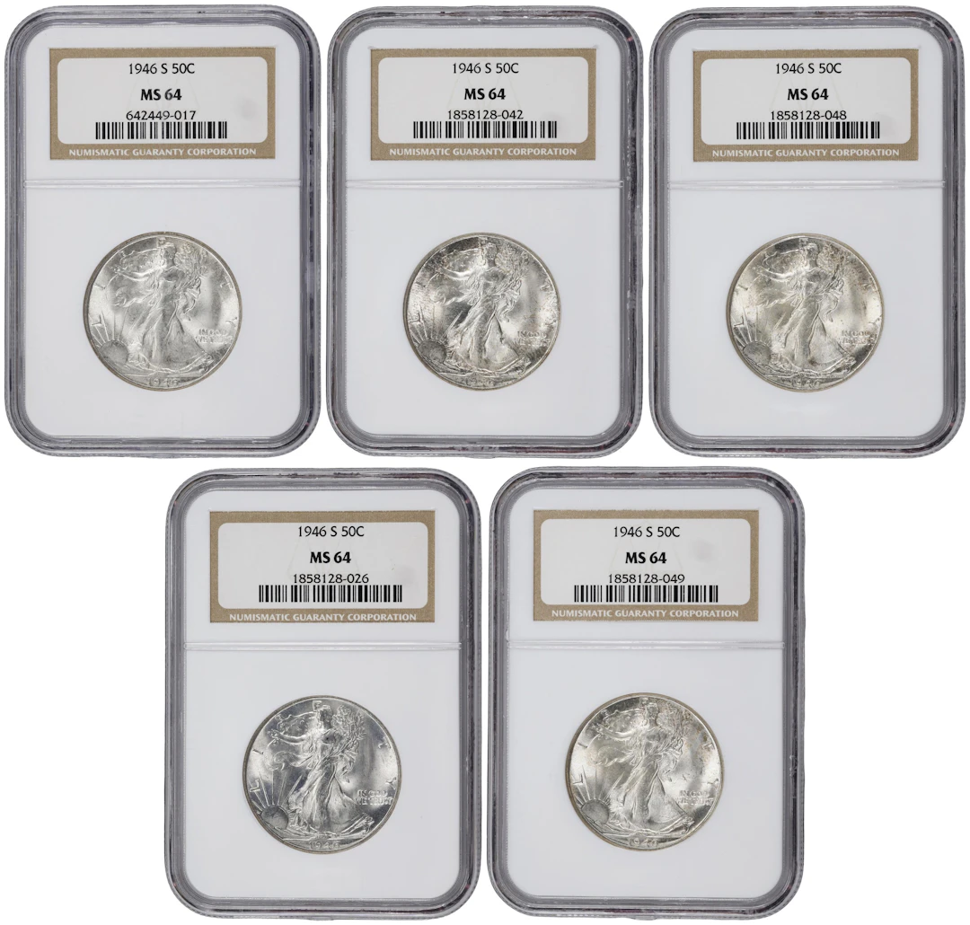 Lot of (5) 1946-S Walking Liberty Half Dollars. MS-64 (NGC).