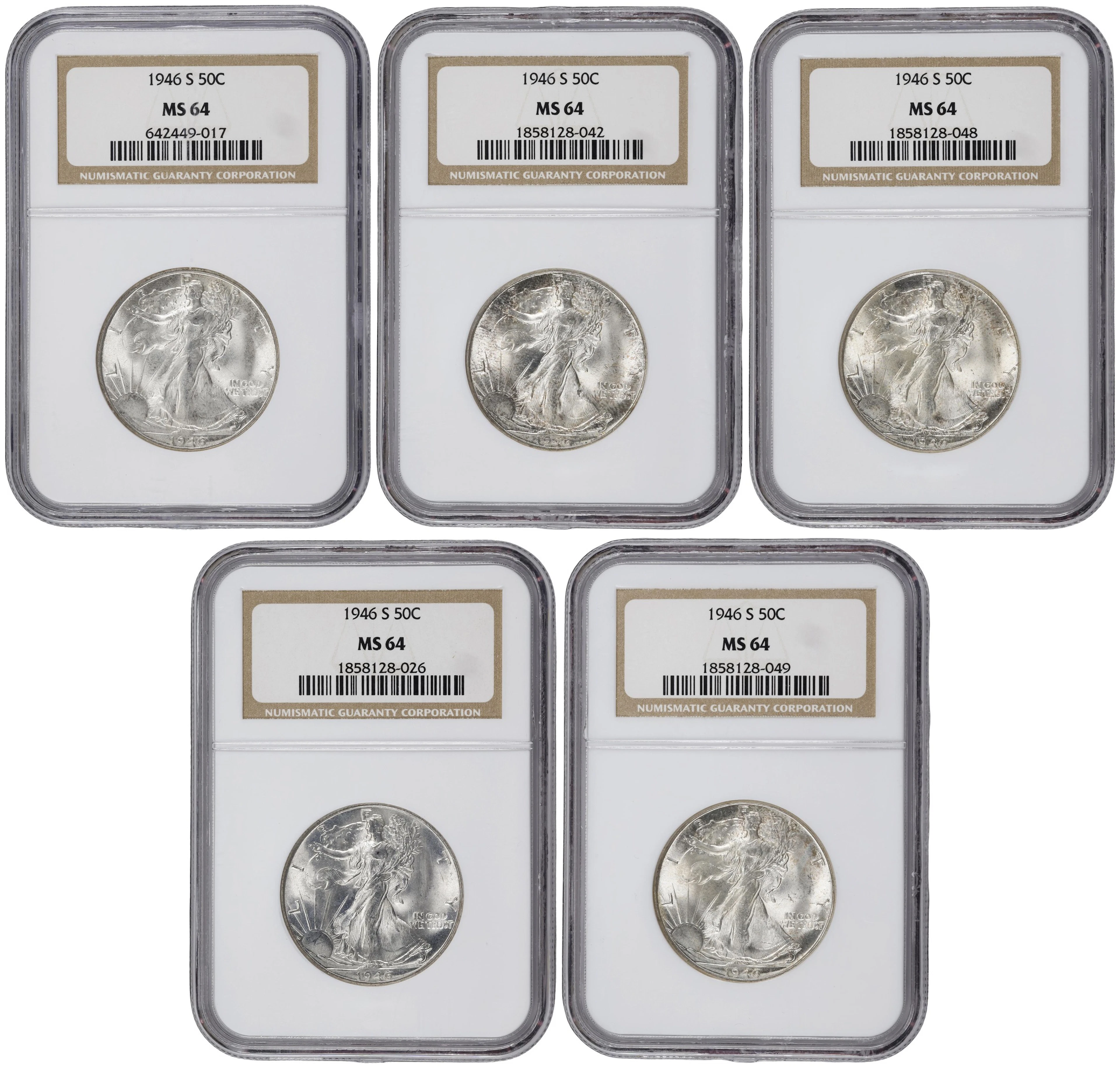 Lot of (5) 1946-S Walking Liberty Half Dollars. MS-64 (NGC).