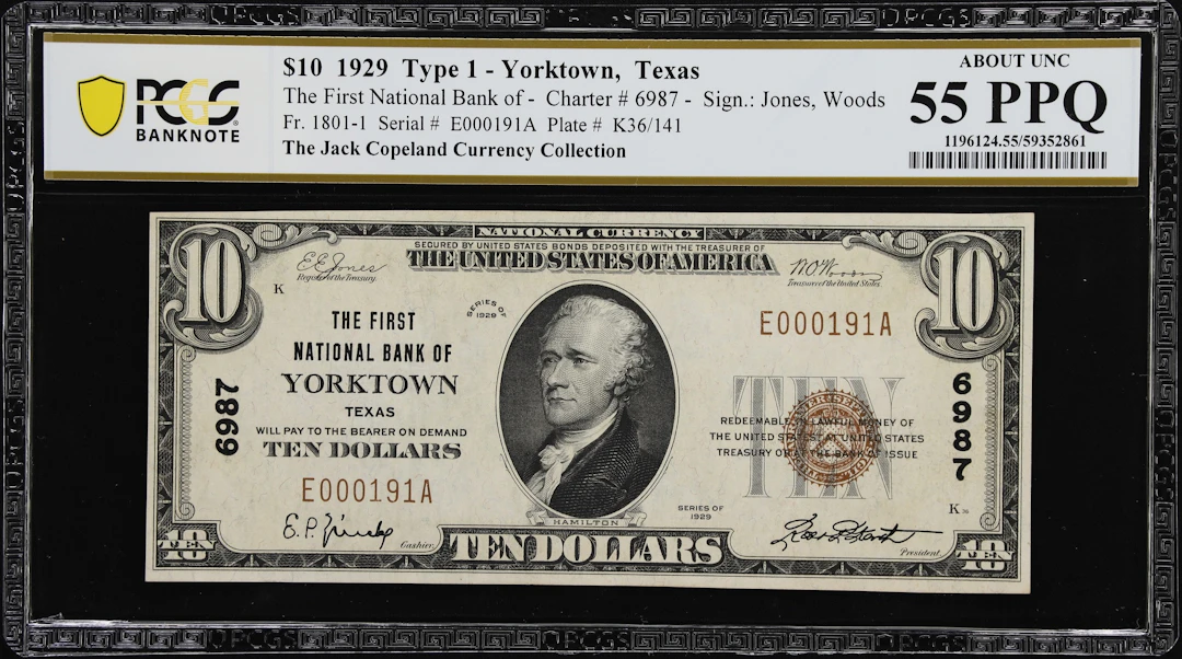 Yorktown, Texas. $10 1929 Ty. 1. Fr. 1801-1. First NB. Charter #6987.