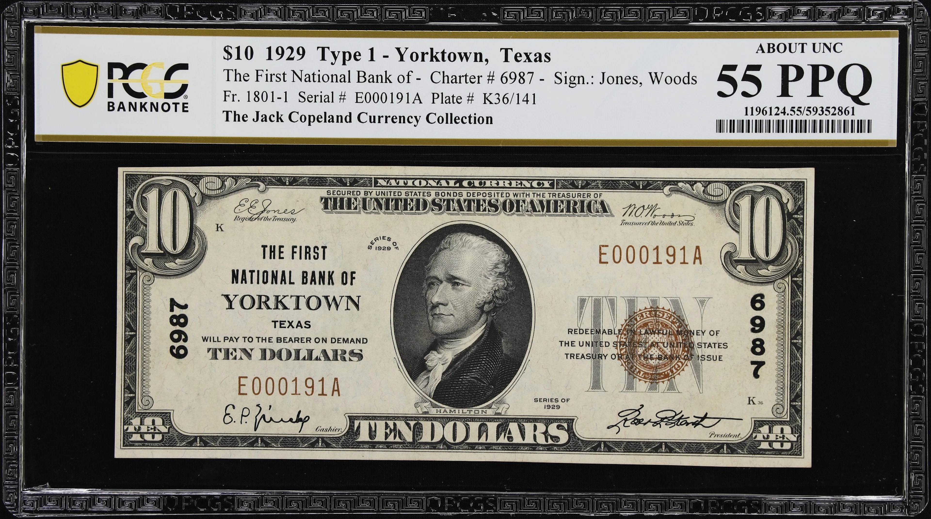Yorktown, Texas. $10 1929 Ty. 1. Fr. 1801-1. First NB. Charter #6987.