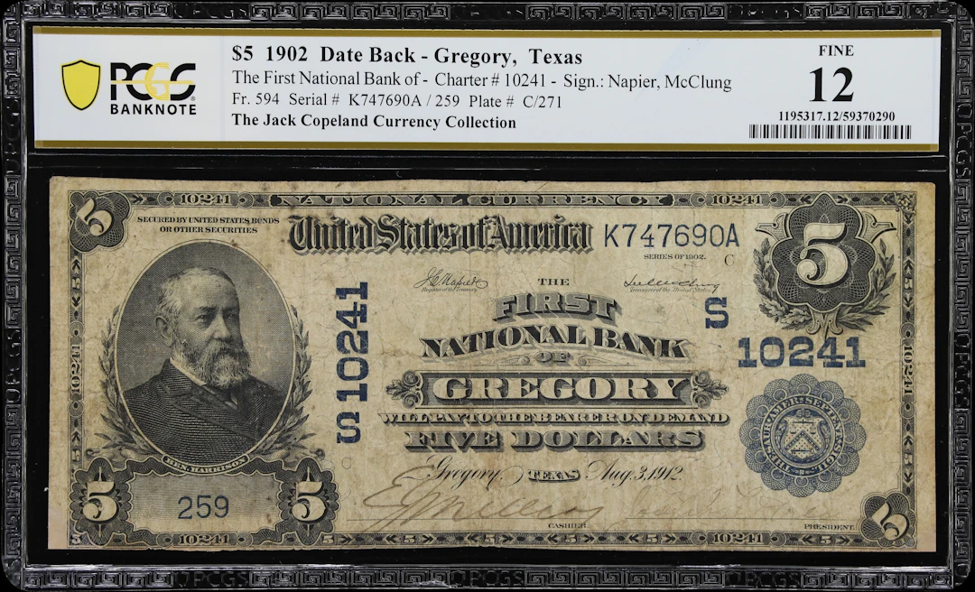 Gregory, Texas. $5 1902 Date Back. Fr. 594. First NB. Charter #10241.
