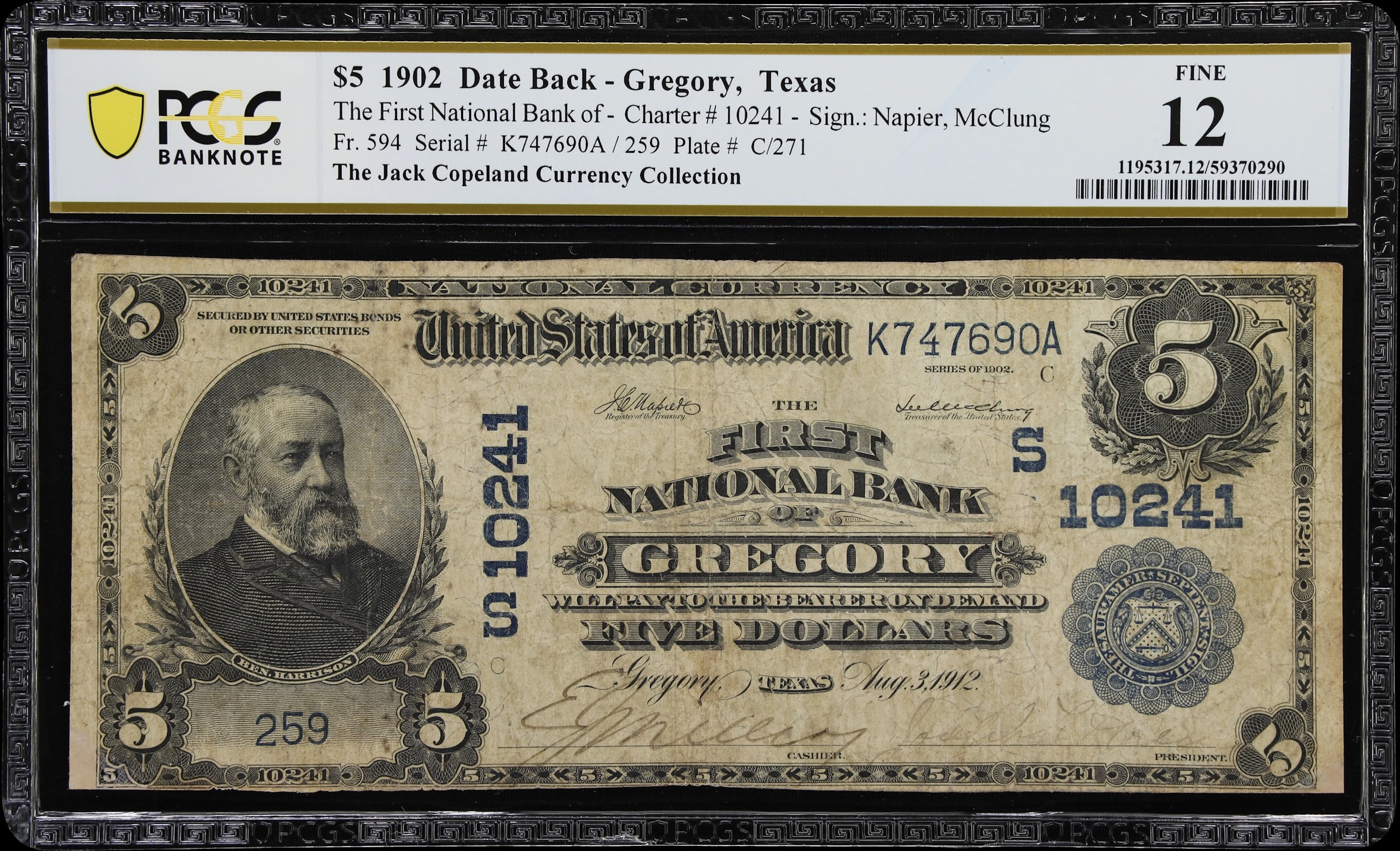 Gregory, Texas. $5 1902 Date Back. Fr. 594. First NB. Charter #10241.