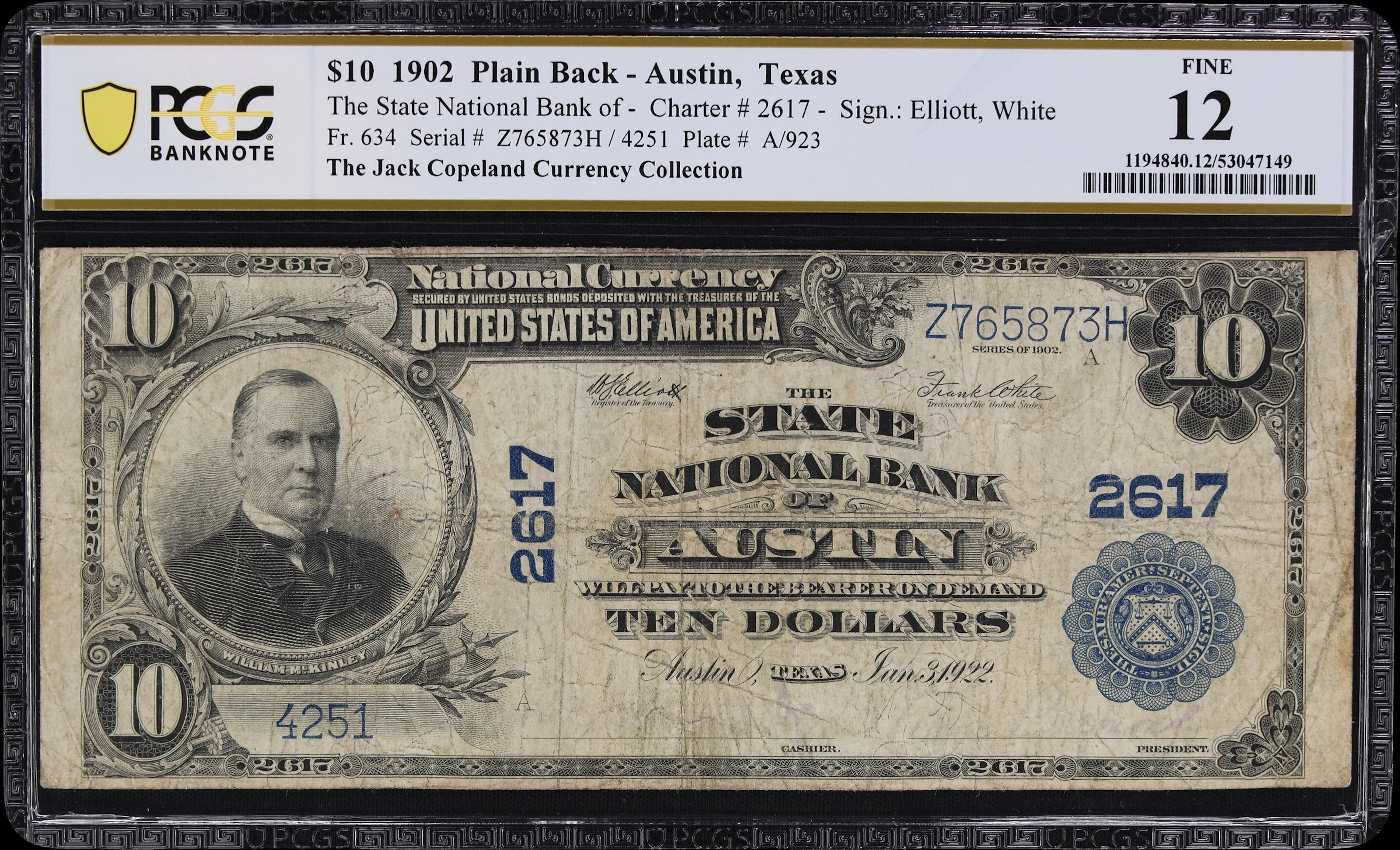 Austin, Texas. $10 1902 Plain Back. Fr. 634. State NB. Charter #2617.