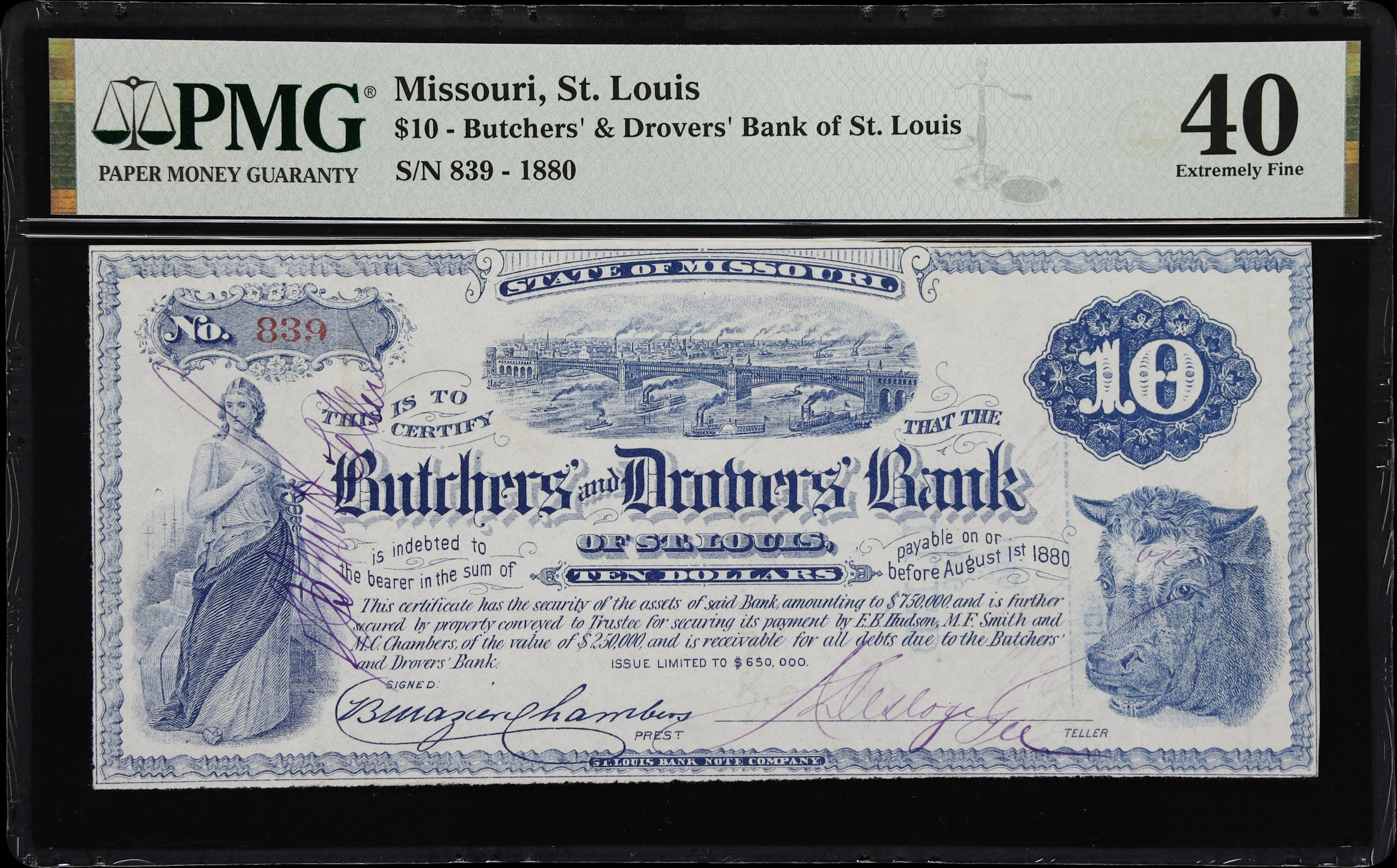 St. Louis, Missouri. Butchers' and Drovers' Bank. 1880 $10. PMG Extremely