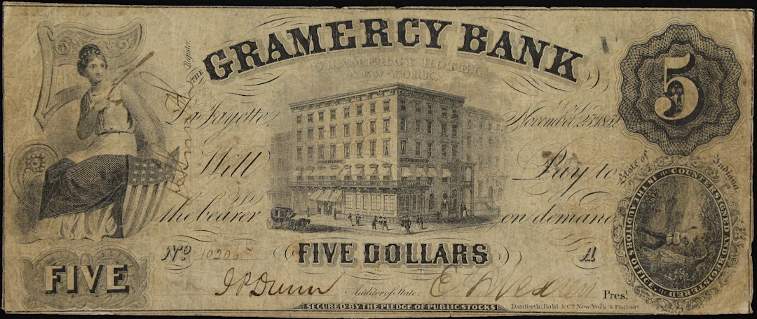 La Fayette, Indiana. Gramercy Bank. 1852 $5. Fine.