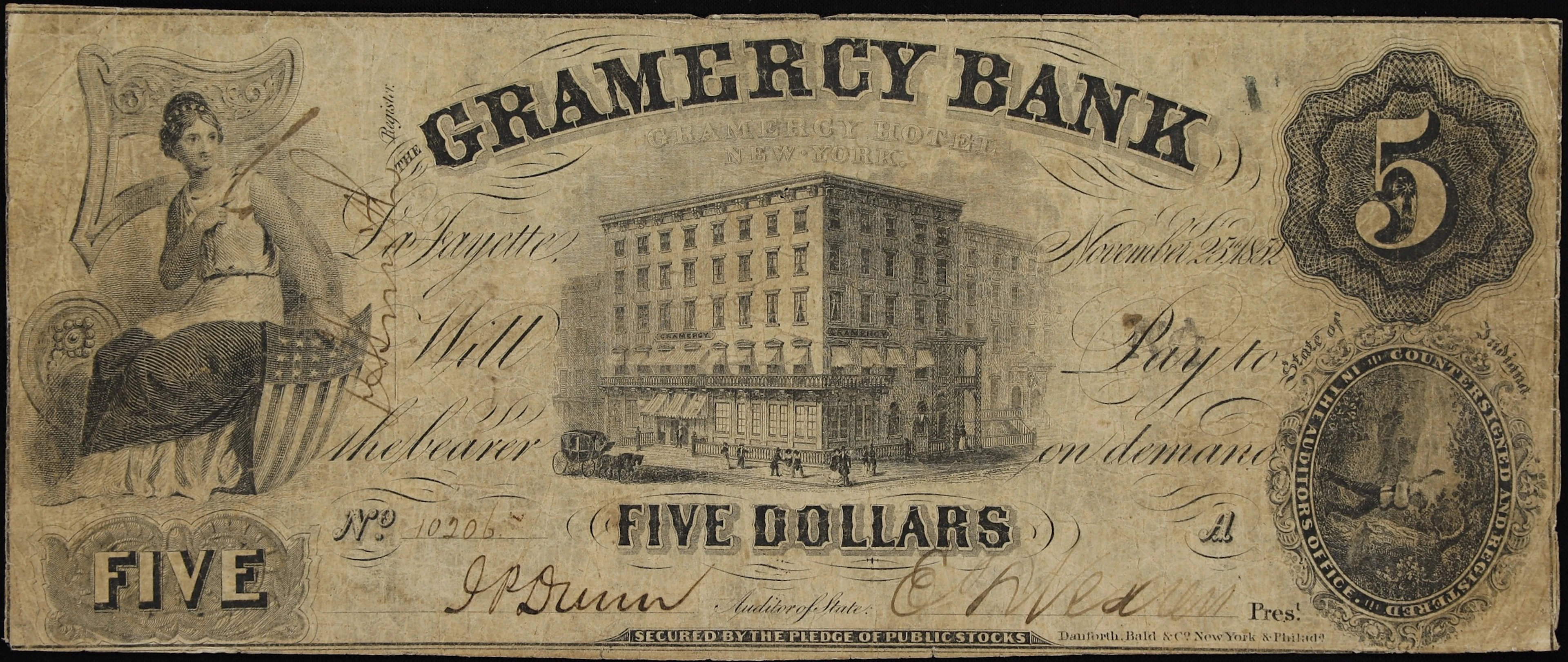 La Fayette, Indiana. Gramercy Bank. 1852 $5. Fine.