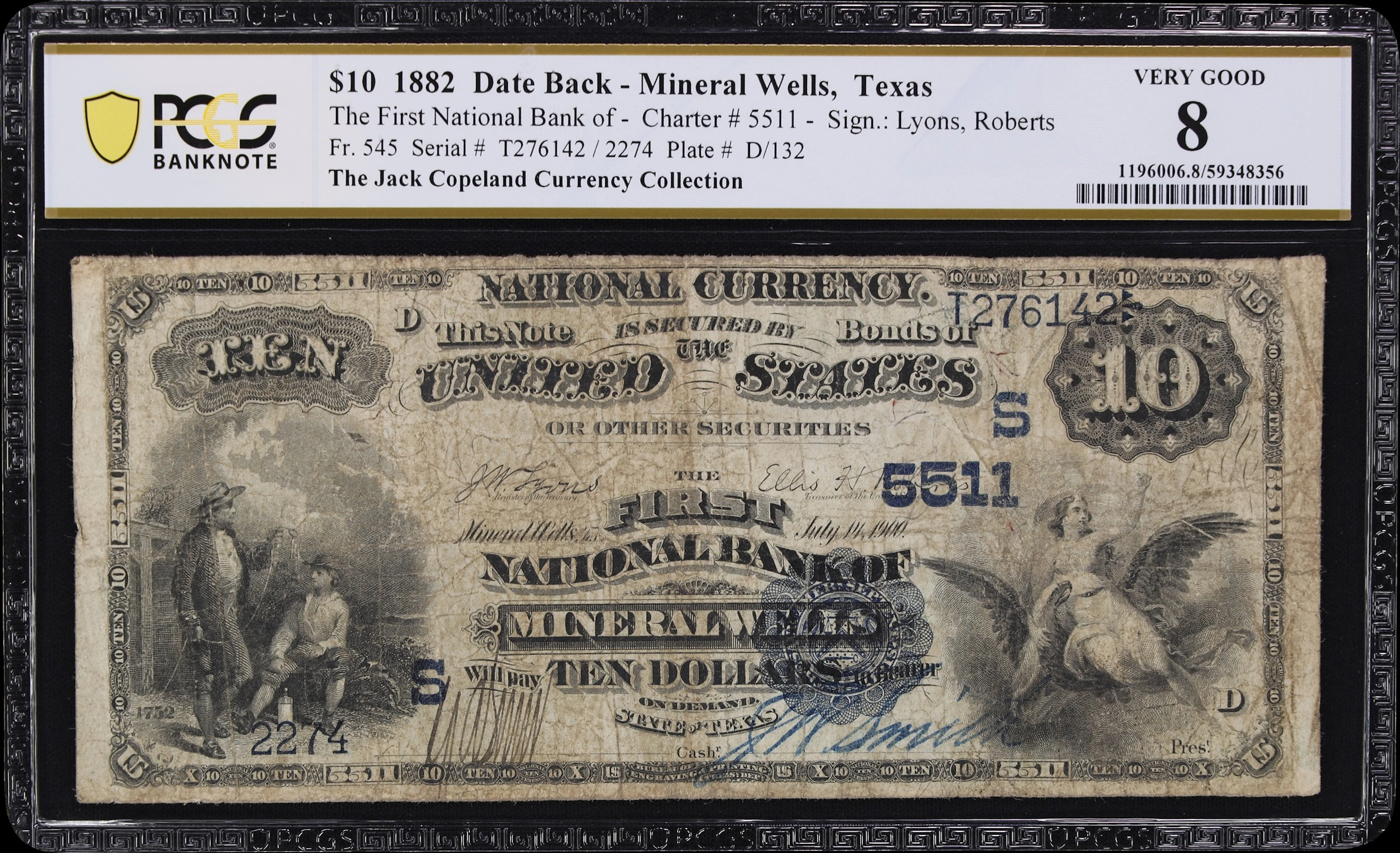 Mineral Wells, Texas. $10 1882 Date Back. Fr. 545. First NB. Charter
