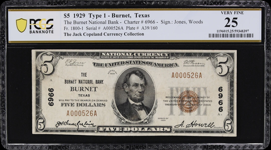 Burnet, Texas. $5 1929 Ty. 1. Fr. 1800-1. Burnet NB. Charter #6966.