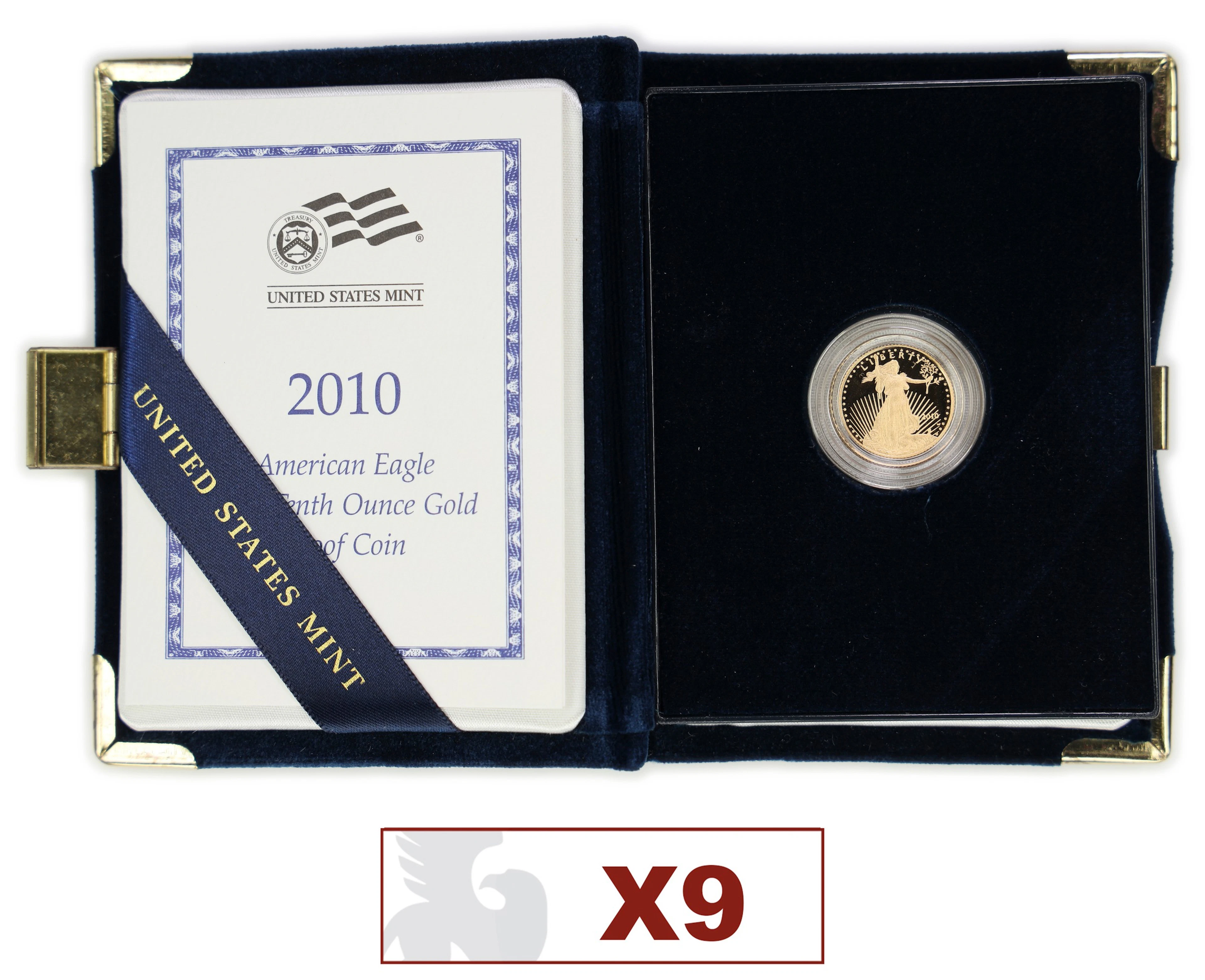 (0.9 oz, 27.994 g AGW). Lot of (9) 2010-W American Gold Eagle $5. Proof.