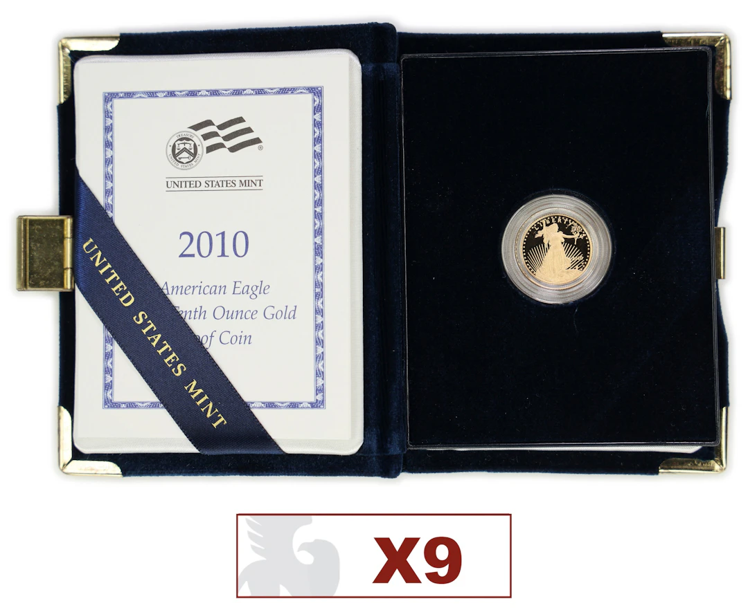 (0.9 oz, 27.994 g AGW). Lot of (9) 2010-W American Gold Eagle $5. Proof.