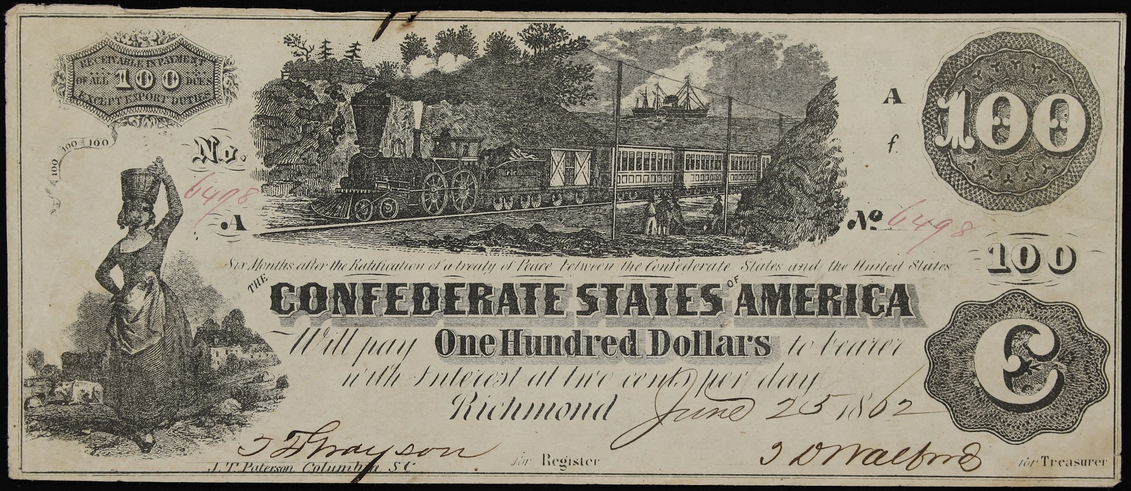 T-39. Confederate Currency. 1862 $100. Very Fine. Trans-Mississippi Issue.