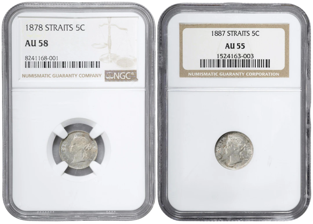 STRAITS SETTLEMENTS. Duo of 5 Cents (2 Pieces), 1878 & 1887. London