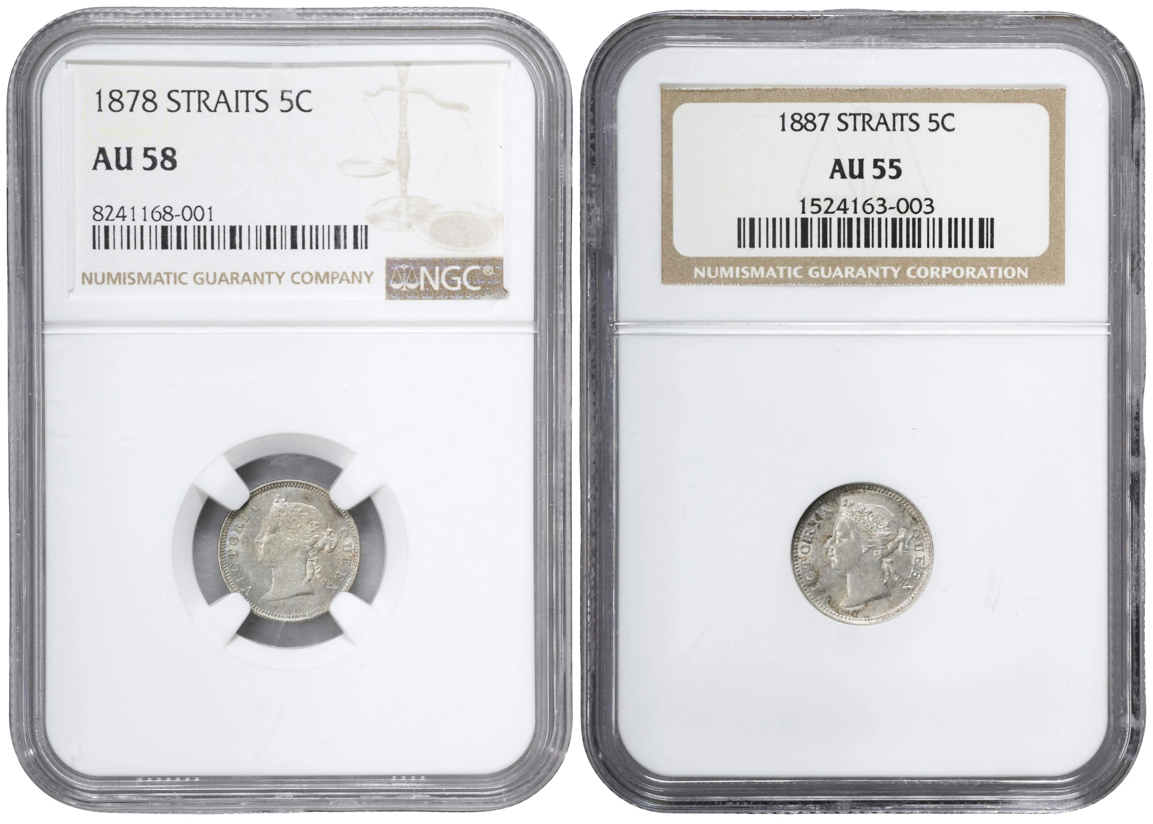 STRAITS SETTLEMENTS. Duo of 5 Cents (2 Pieces), 1878 & 1887. London