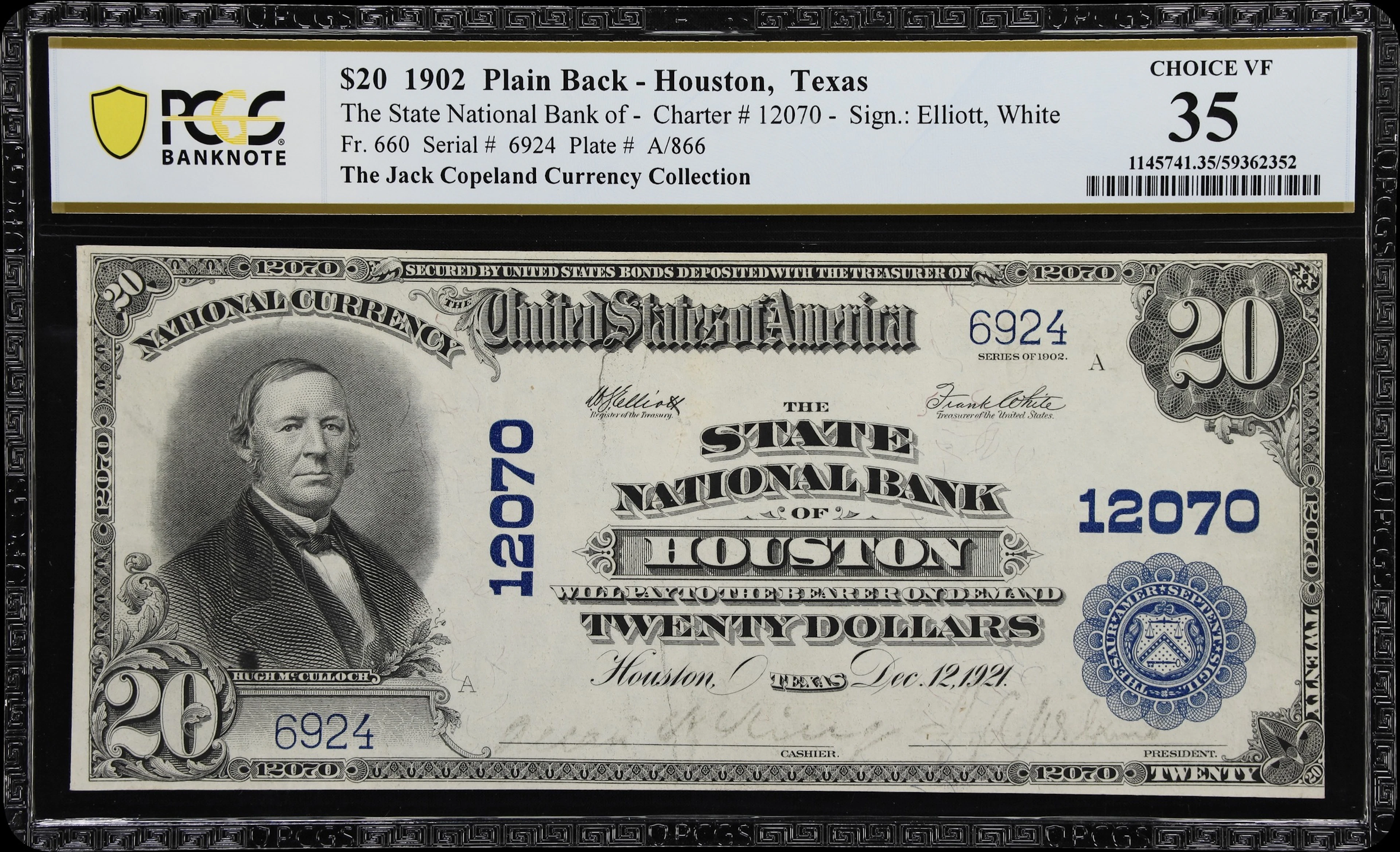 Houston, Texas. $20 1902 Plain Back. Fr. 660. State NB. Charter #12070.