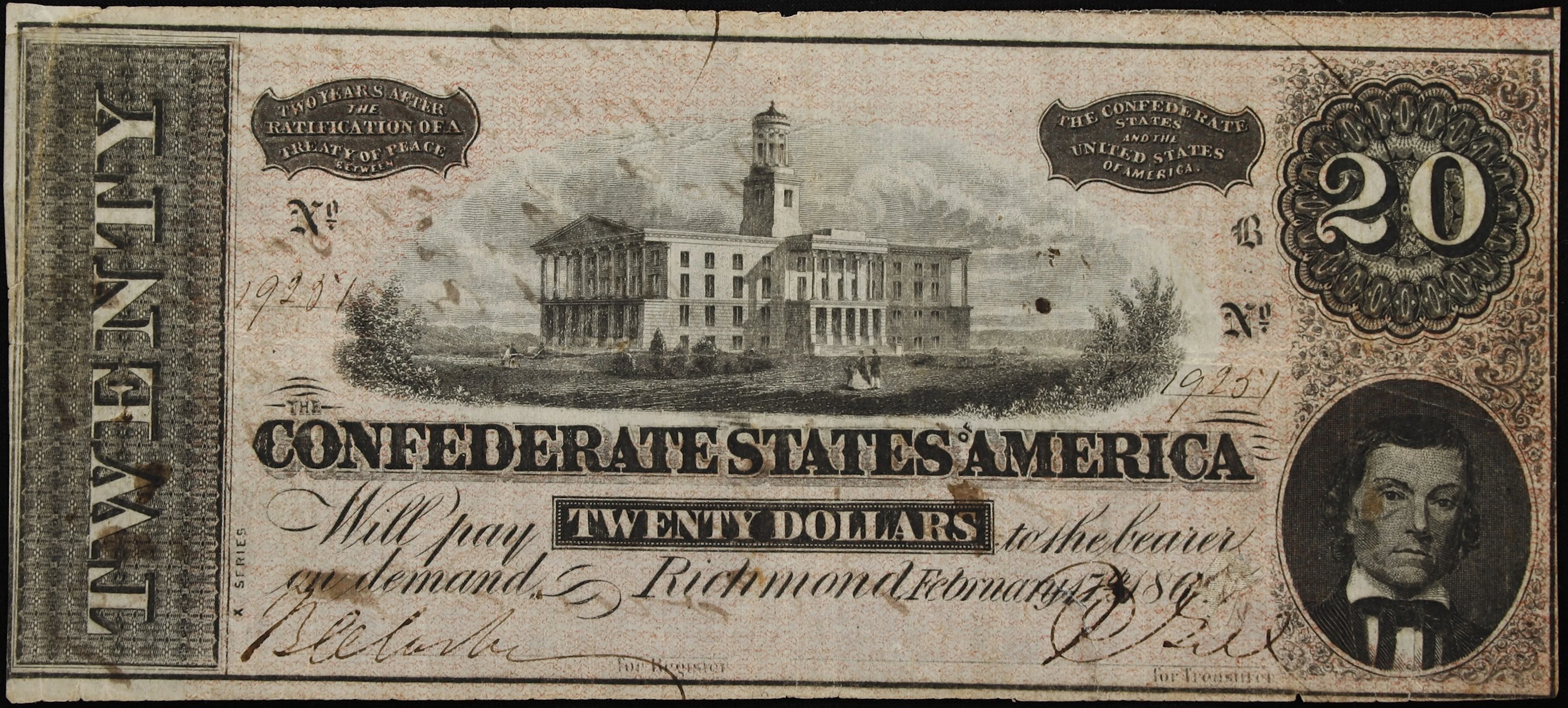 T-67. Confederate Currency. 1864 $20. Very Fine.