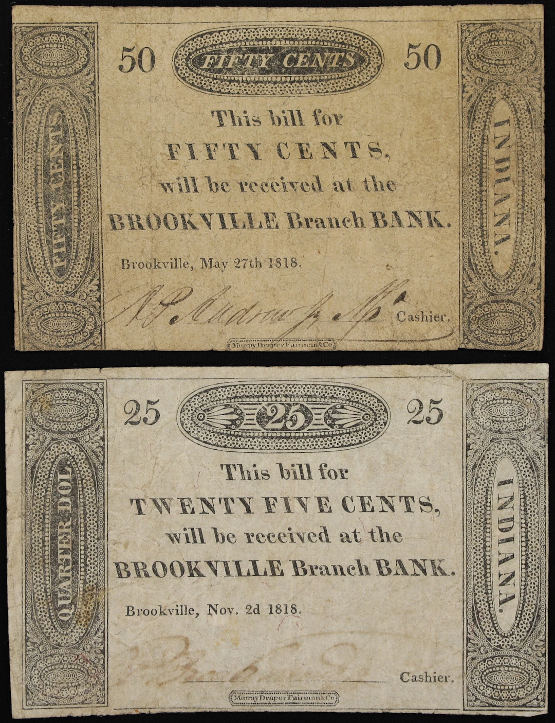 Lot of (2) Brookville, Indiana. Brookville Branch Bank. 1818 25 &