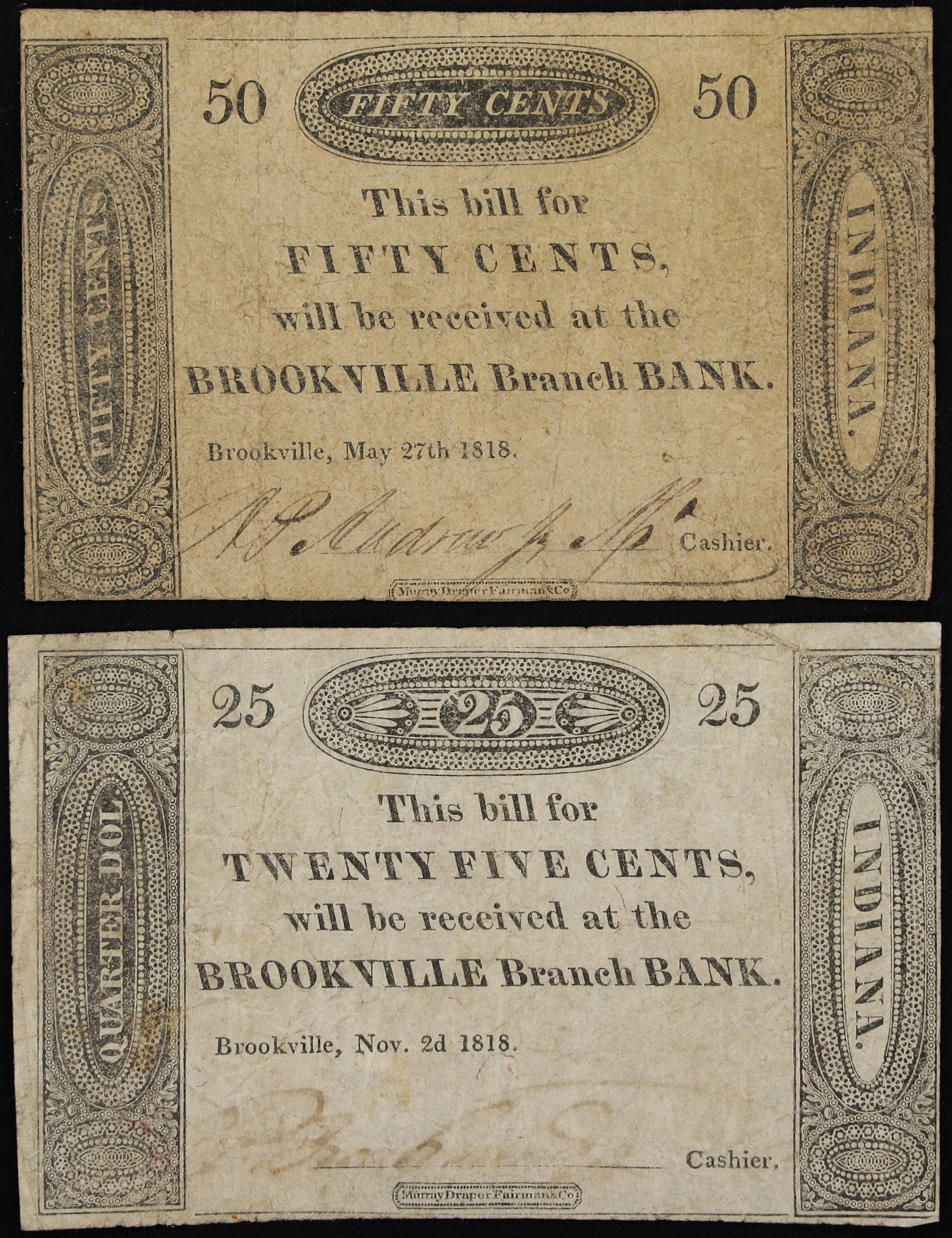 Lot of (2) Brookville, Indiana. Brookville Branch Bank. 1818 25 &
