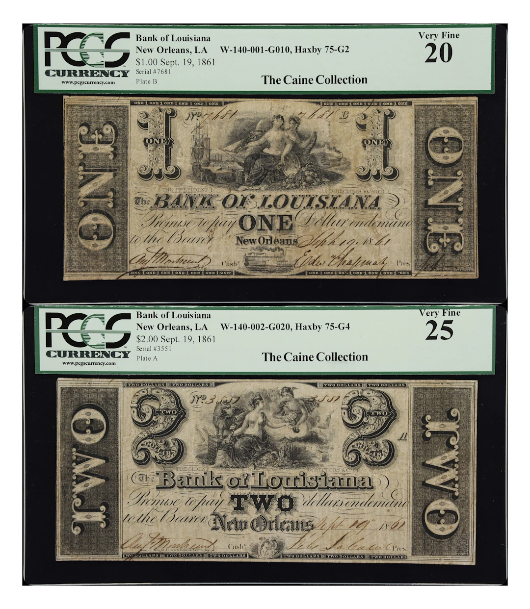 Lot of (2) New Orleans, Louisiana. Bank of Louisiana. 1861 $1 & $2.