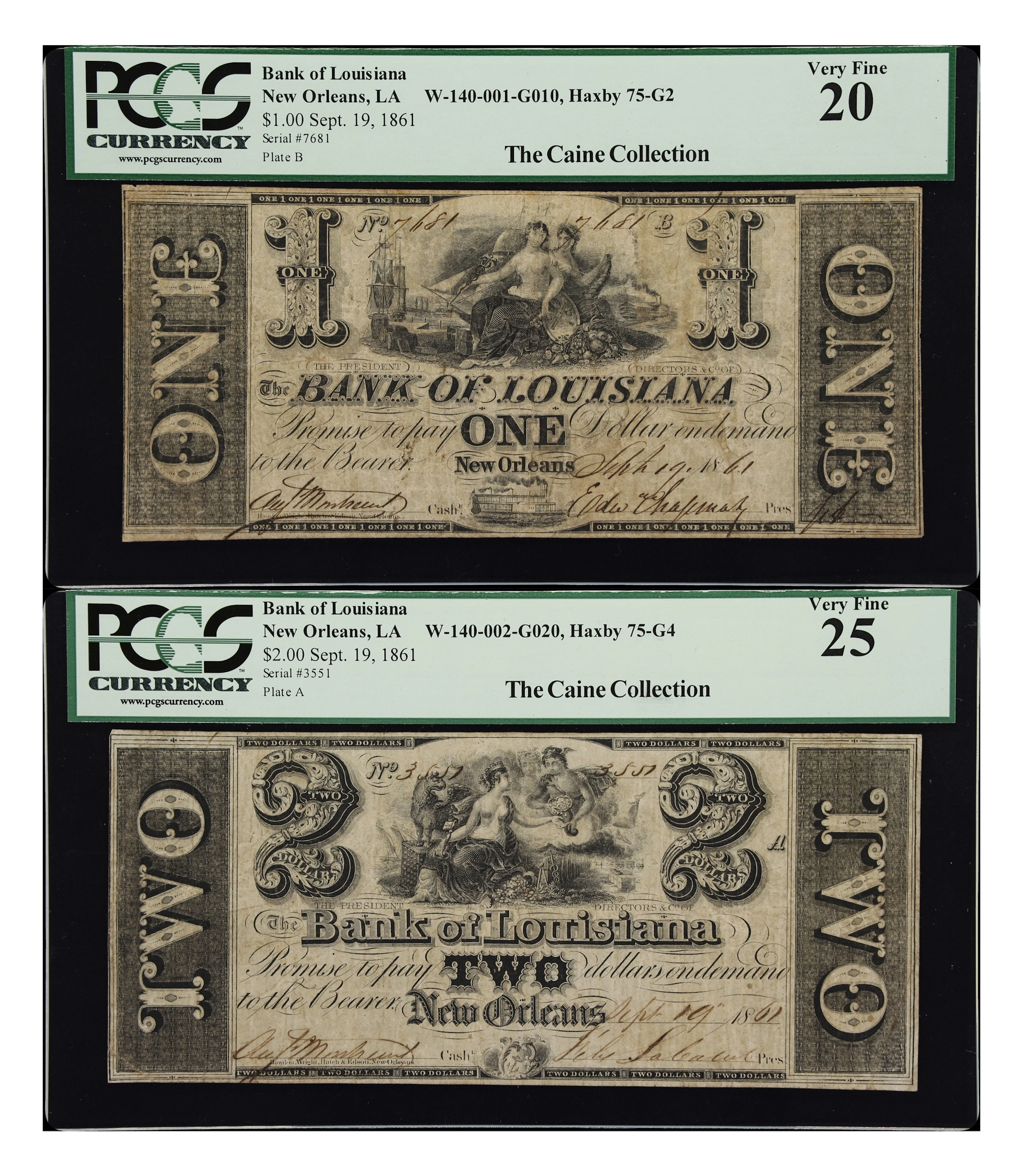 Lot of (2) New Orleans, Louisiana. Bank of Louisiana. 1861 $1 & $2.