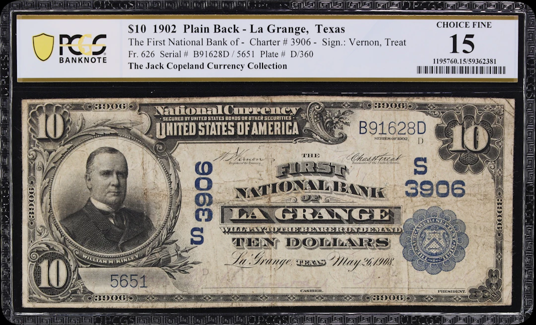 La Grange, Texas. $10 1902 Plain Back. Fr. 626. First NB. Charter