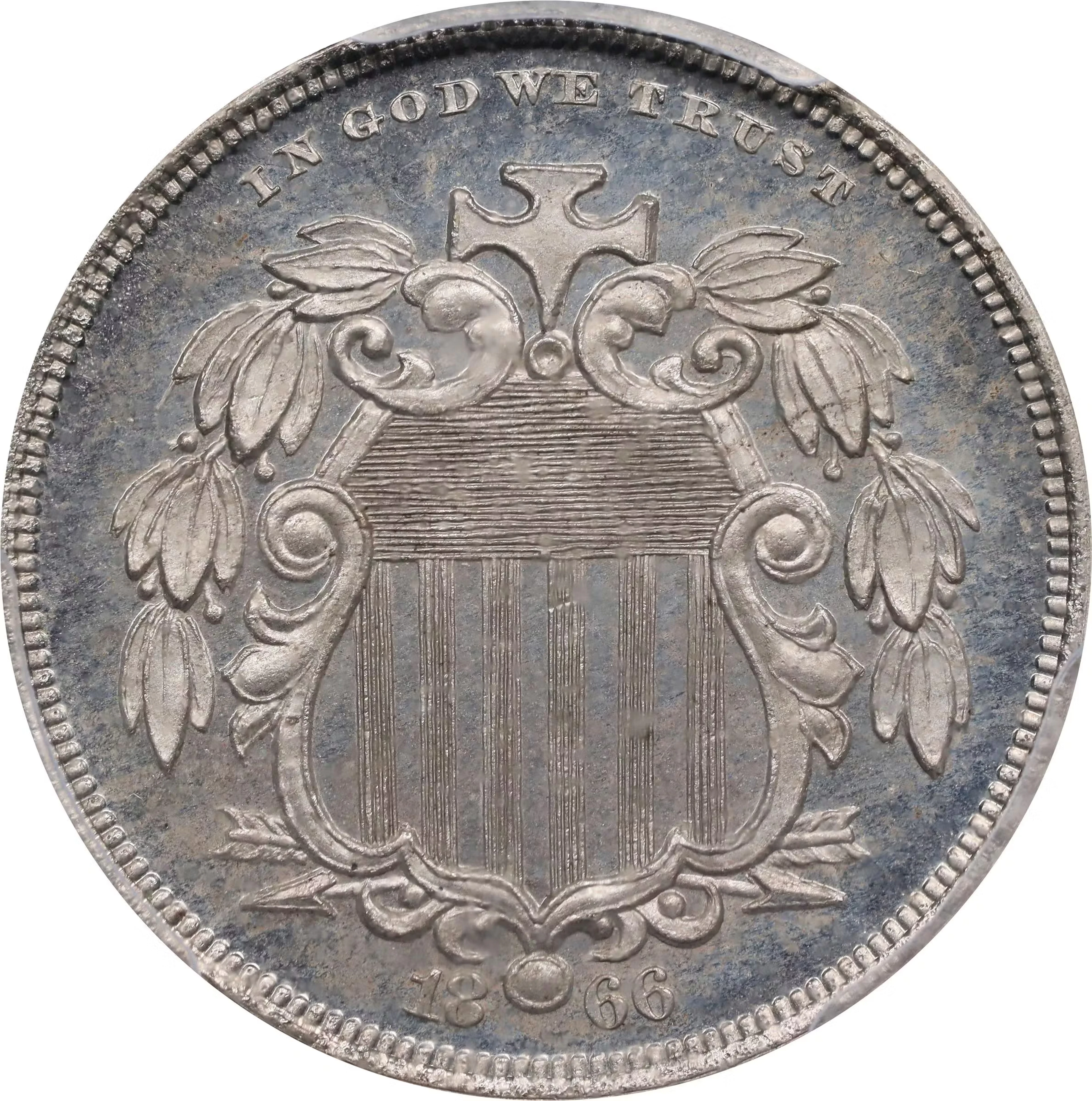 1866 Pattern Shield Nickel. Judd-489, Pollock-577. Rarity-6-. Nickel.