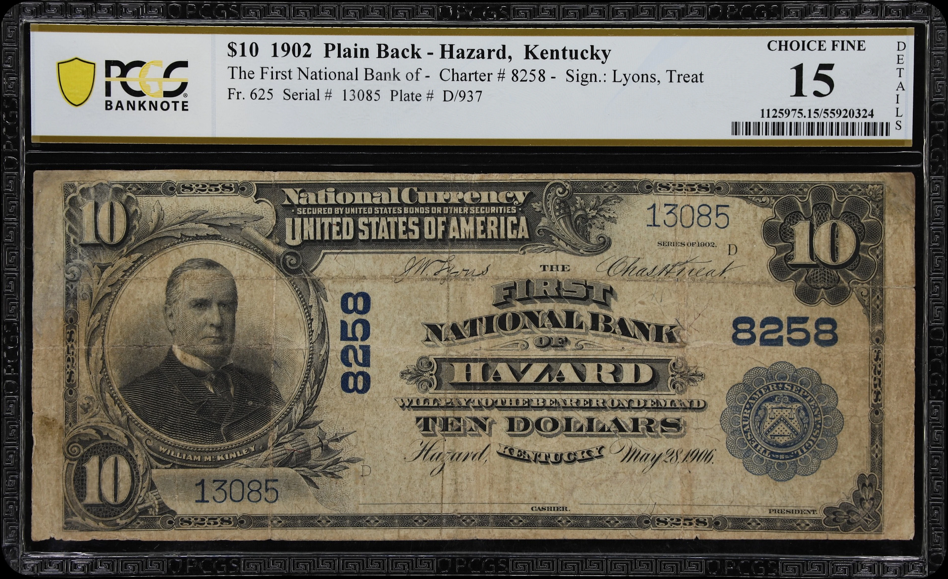 Hazard, Kentucky. $10 1902 Plain Back. Fr. 625. First NB. Charter