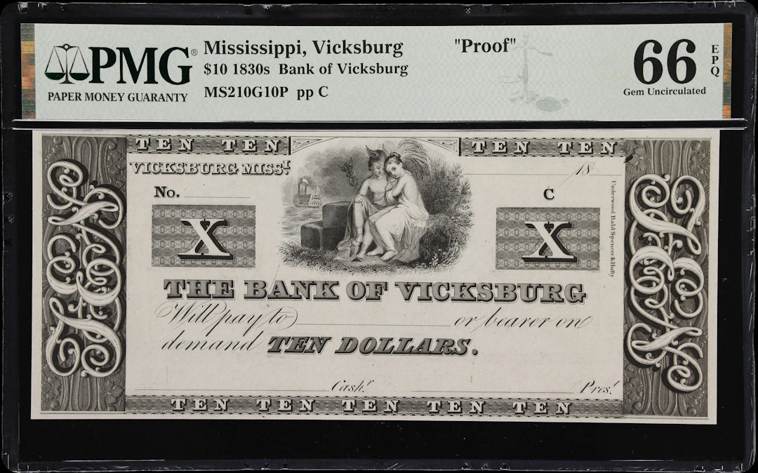 Vicksburg, Mississippi. Bank of Vicksburg. 18xx $10. PMG Gem Uncirculated
