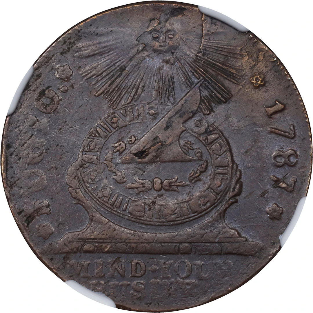 1787 Fugio Cent. Pointed Rays. Newman 12-X, W-6820. Rarity-2. STATES