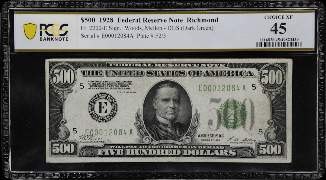 Fr. 2200-E. 1928 Dark Green Seal $500 Federal Reserve Note. Richmond.