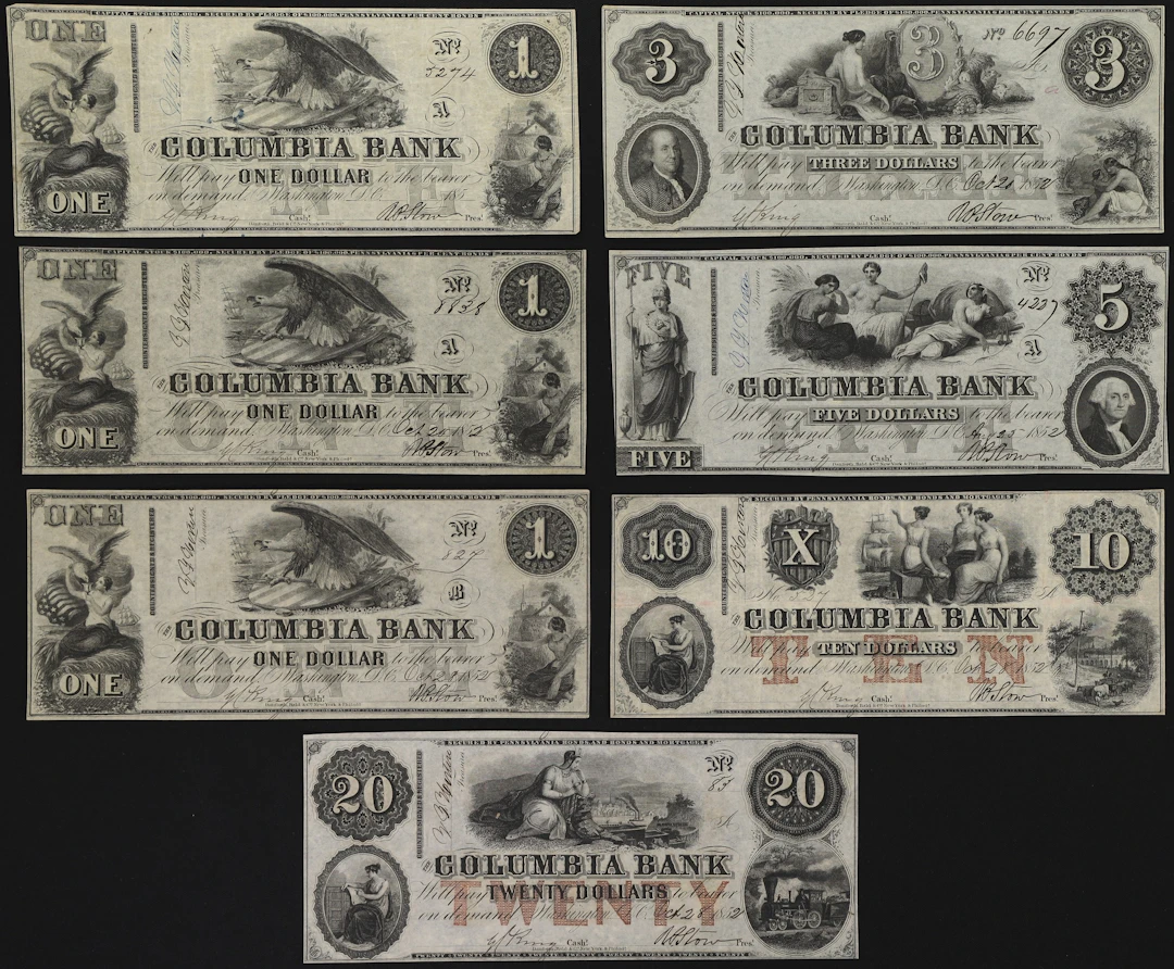 Lot of (7) Washington, District of Columbia. Columbia Bank. 1850s