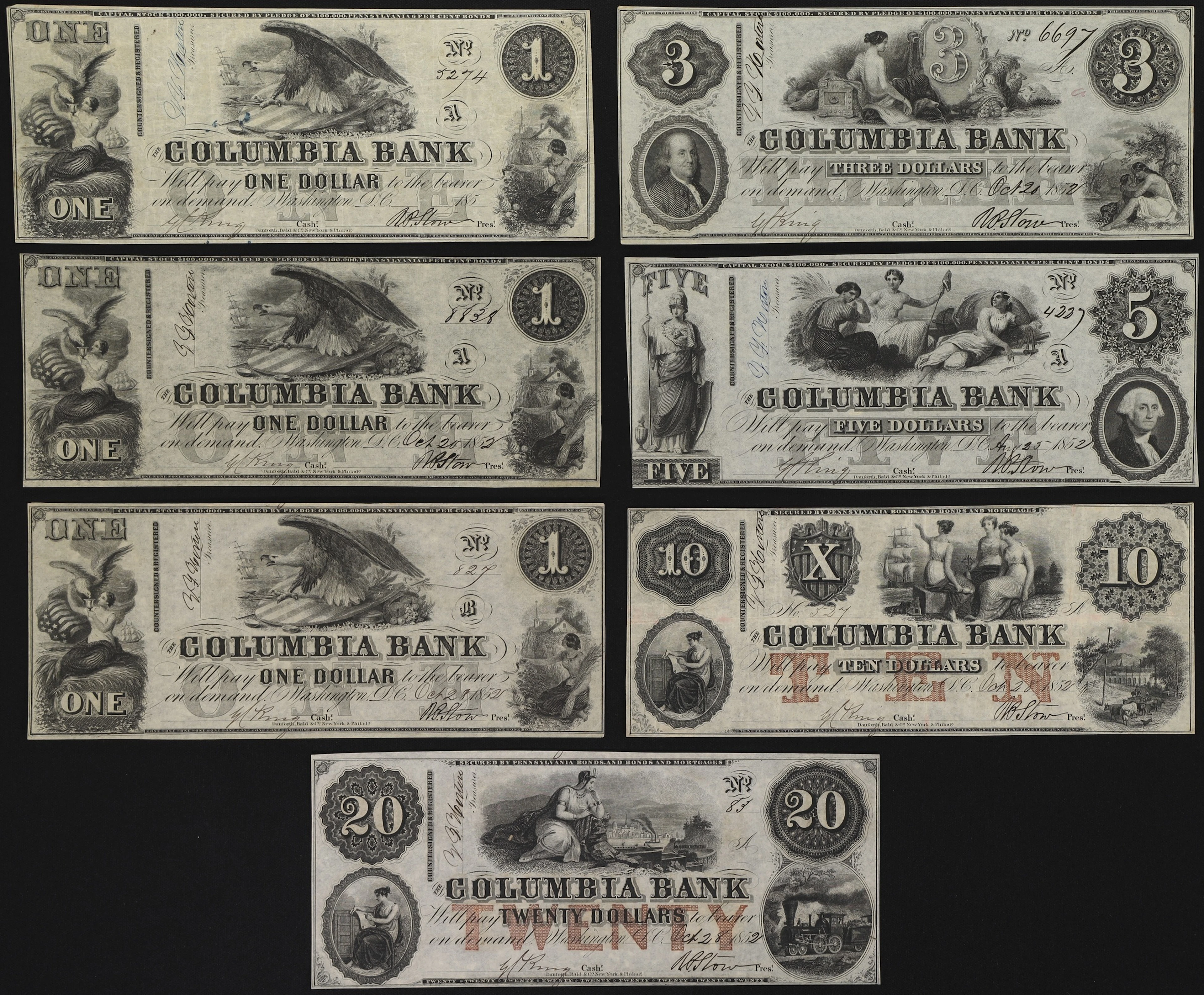 Lot of (7) Washington, District of Columbia. Columbia Bank. 1850s