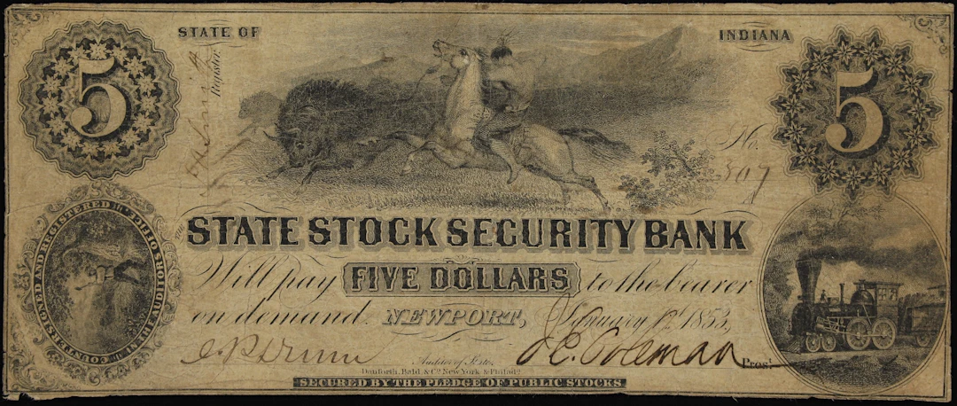 Newport, Indiana. State Stock Security Bank. 1853 $5. Fine.