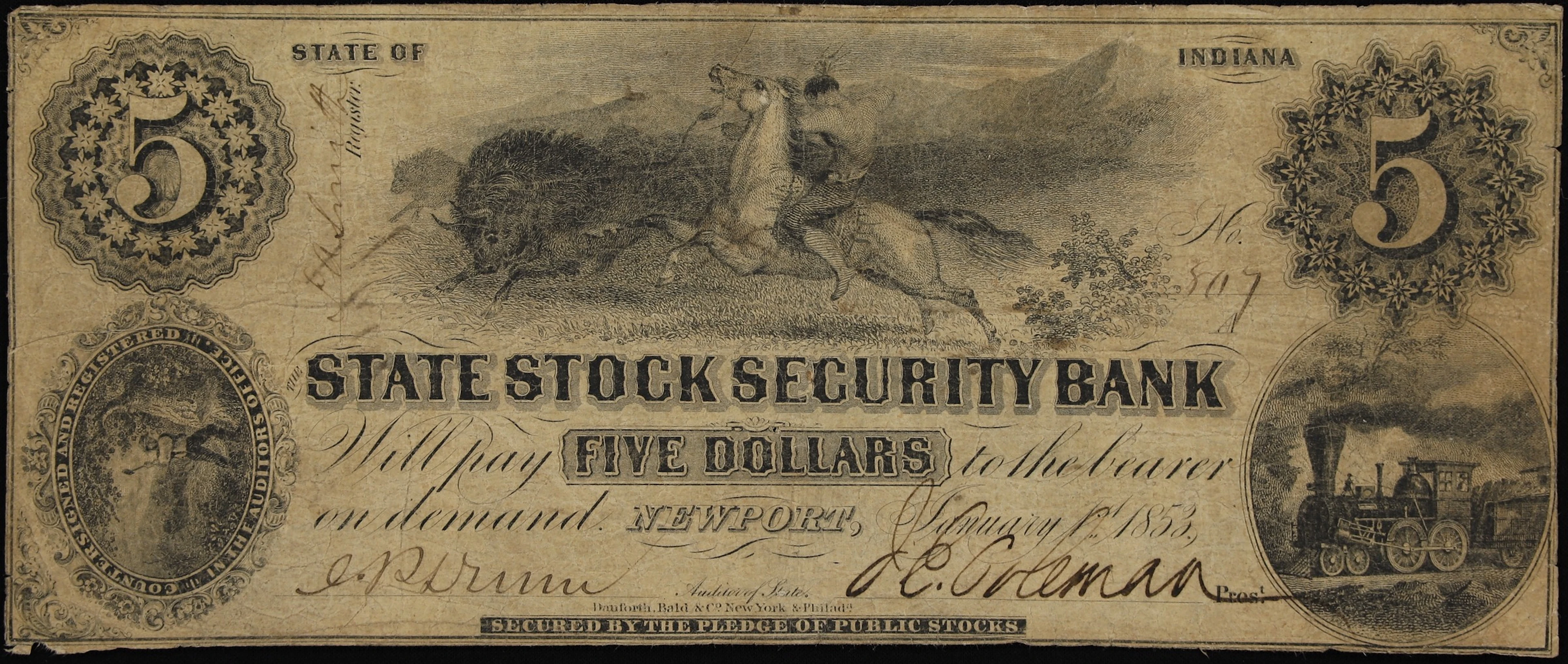 Newport, Indiana. State Stock Security Bank. 1853 $5. Fine.