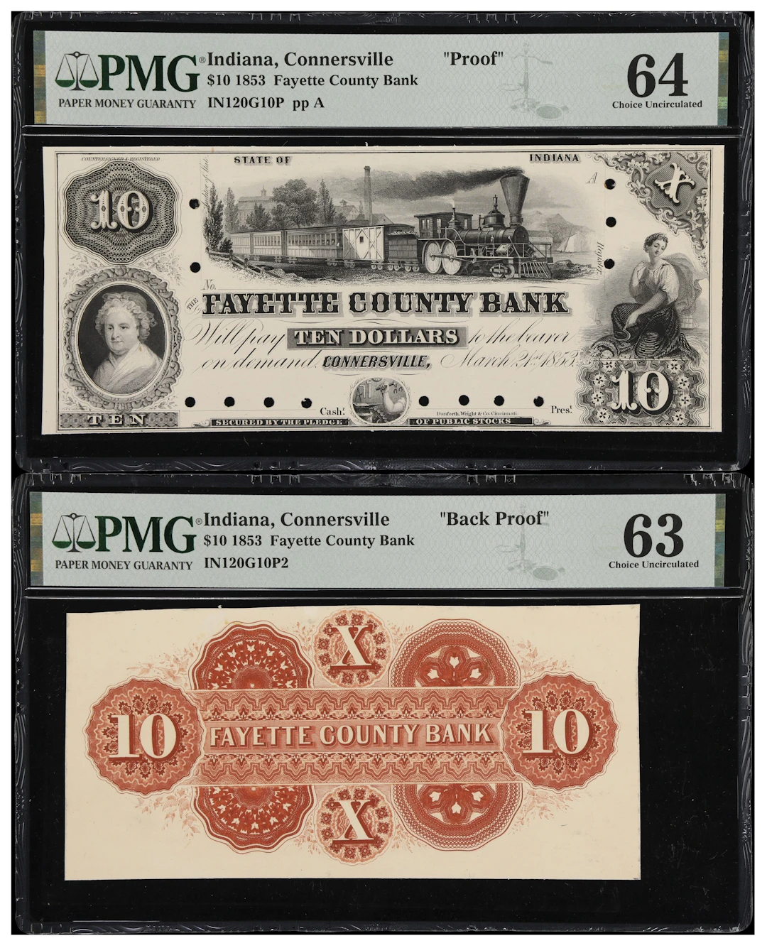 Lot of (2) Connersville, Indiana. Fayette County Bank. 1853 $10. PMG