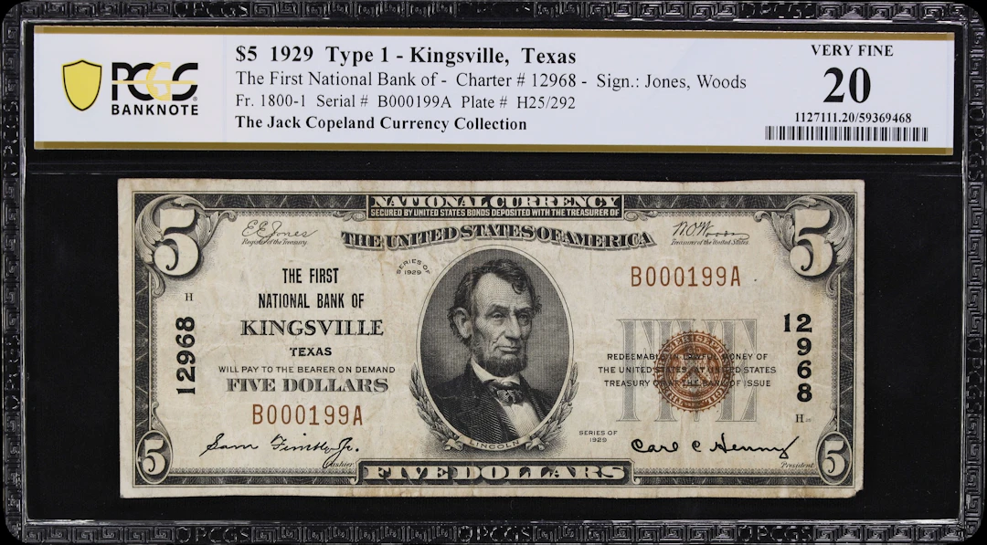 Kingsville, Texas. $5 1929 Ty. 1. Fr. 1800-1. First NB. Charter #12968.