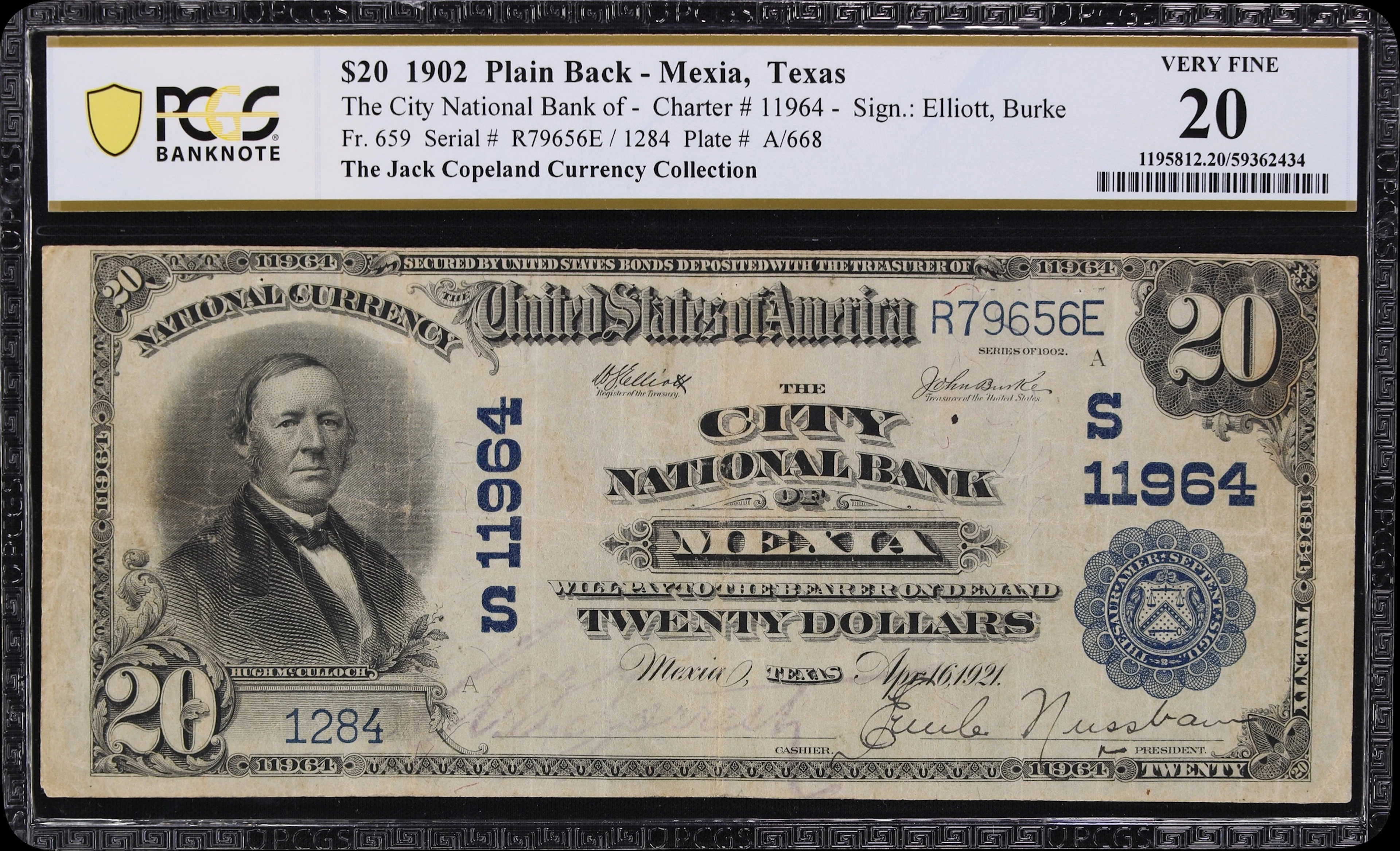Mexia, Texas. $20 1902 Plain Back. Fr. 659. City NB. Charter #11964.