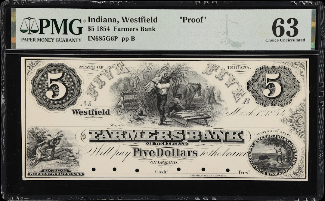 Westfield, Indiana. Farmers Bank. 1854 $5. PMG Choice Uncirculated 63. Proof.