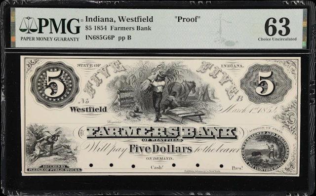 Westfield, Indiana. Farmers Bank. 1854 $5. PMG Choice Uncirculated 63. Proof.