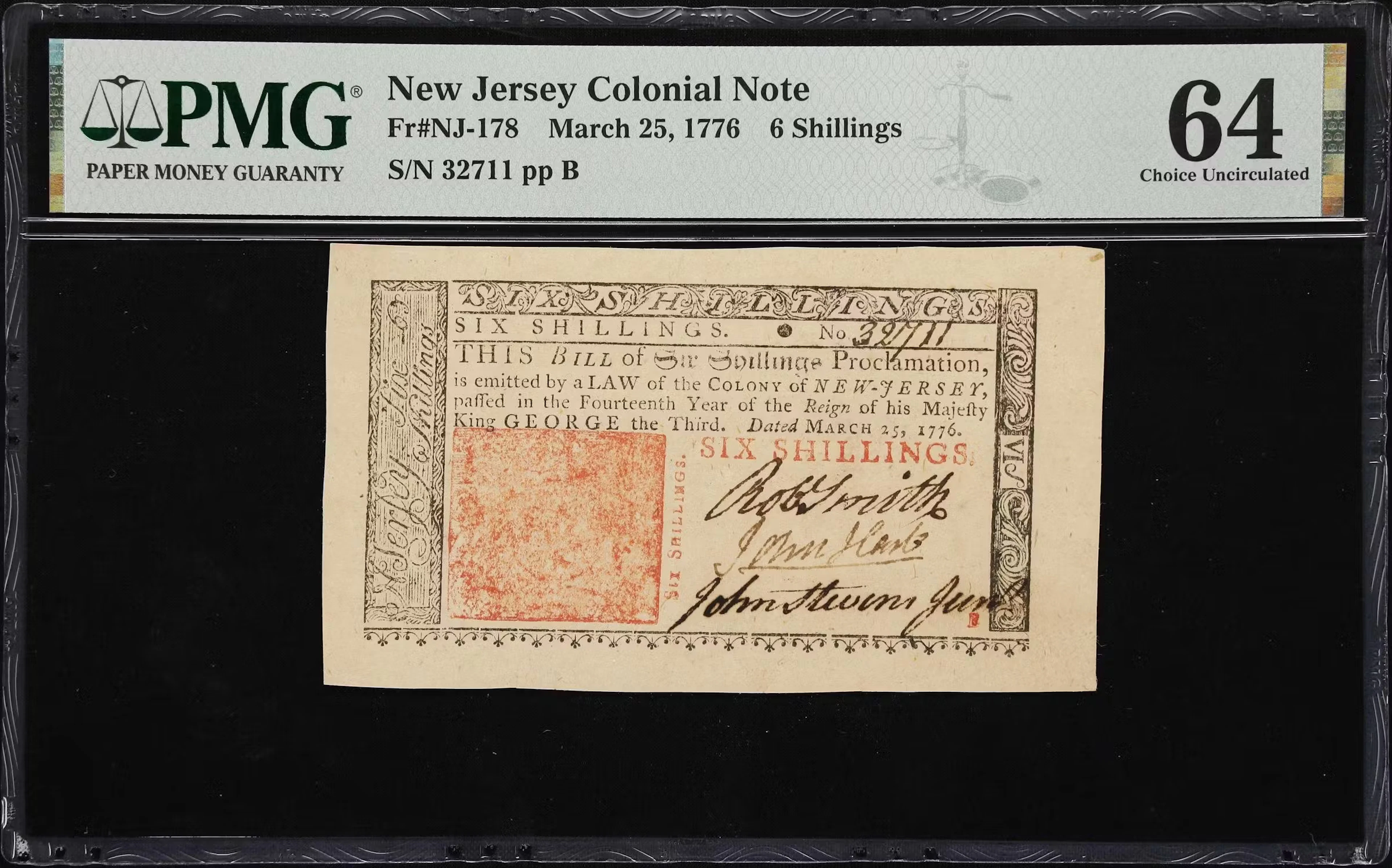 NJ-178. New Jersey. March 25, 1776. 6 Shillings. PMG Choice Uncirculated