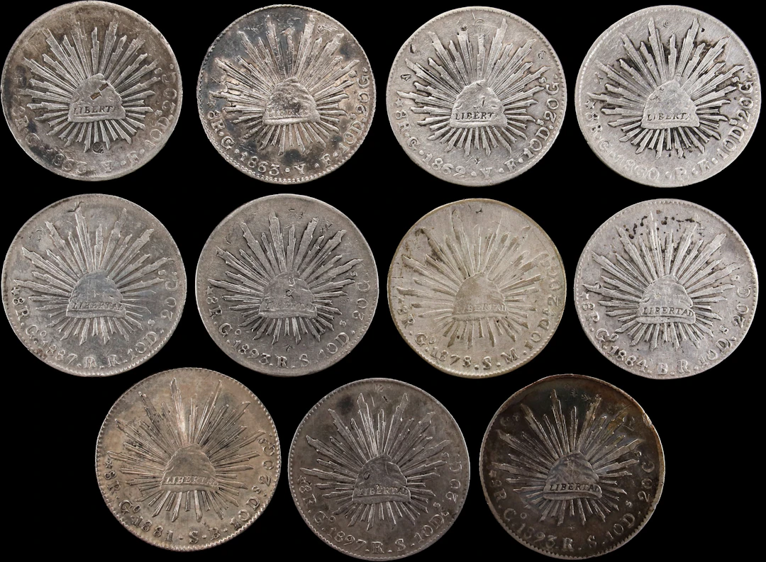 MEXICO. Group of Cap & Ray 8 Reales (11 Pieces), 1860-97. Guanajuato