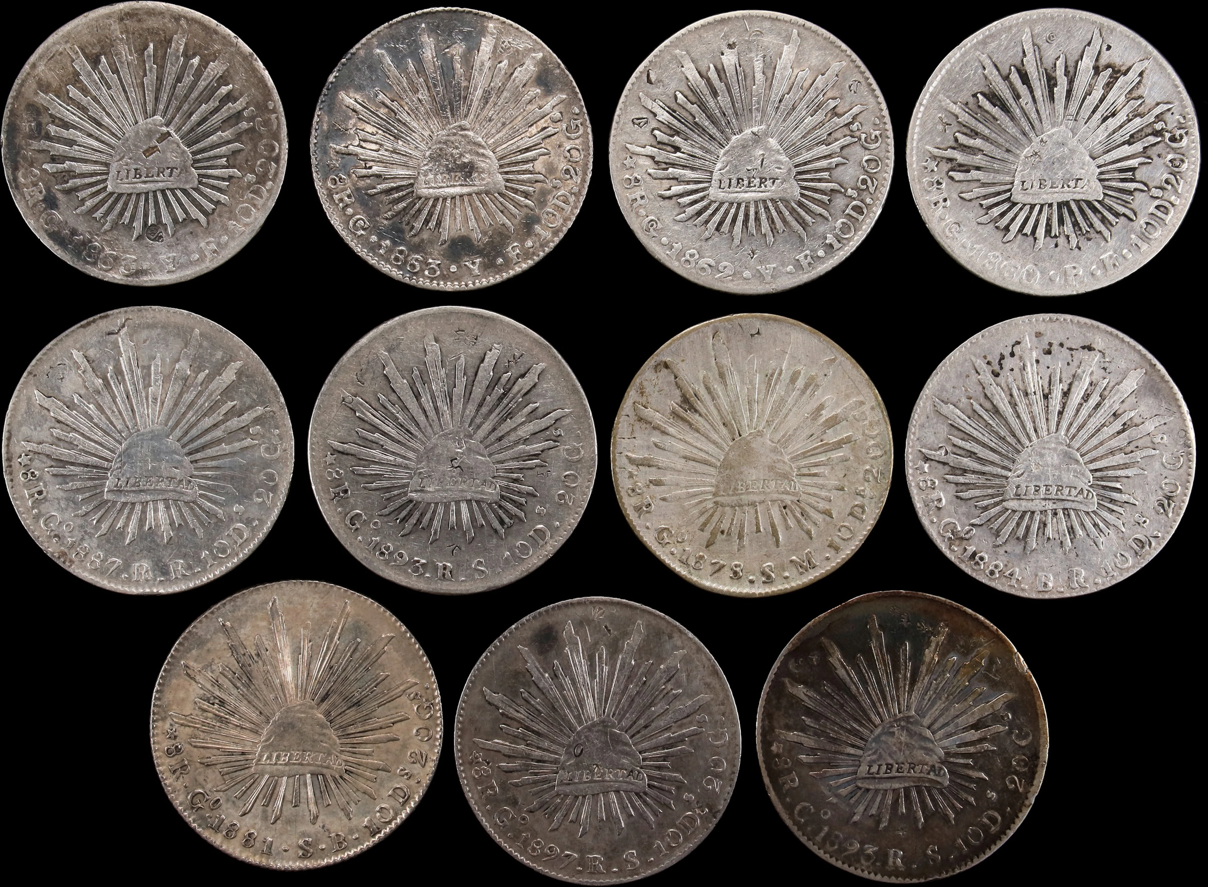 MEXICO. Group of Cap & Ray 8 Reales (11 Pieces), 1860-97. Guanajuato
